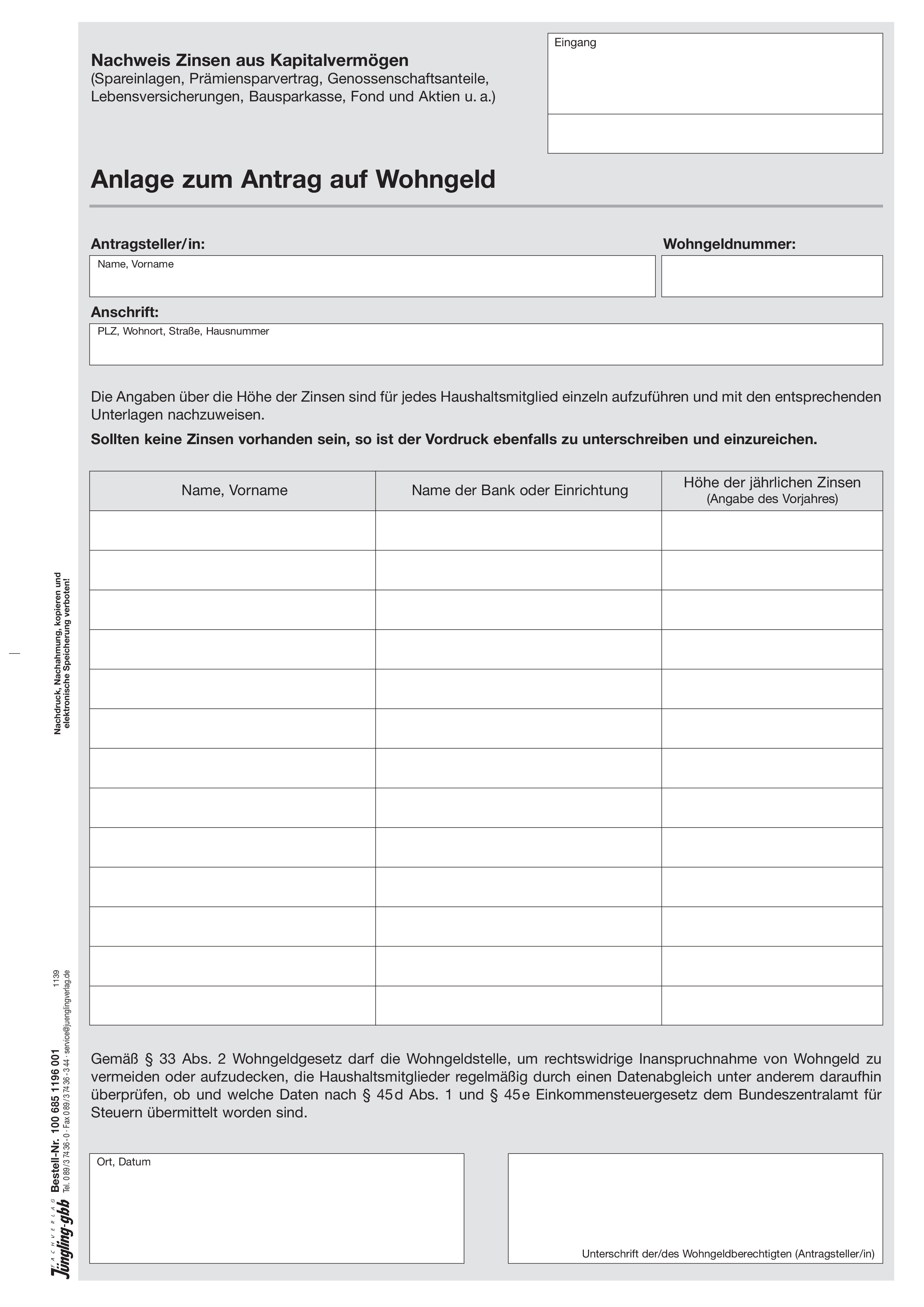 Anlage zum Antrag Wohngeld: Nachweis Zinsen