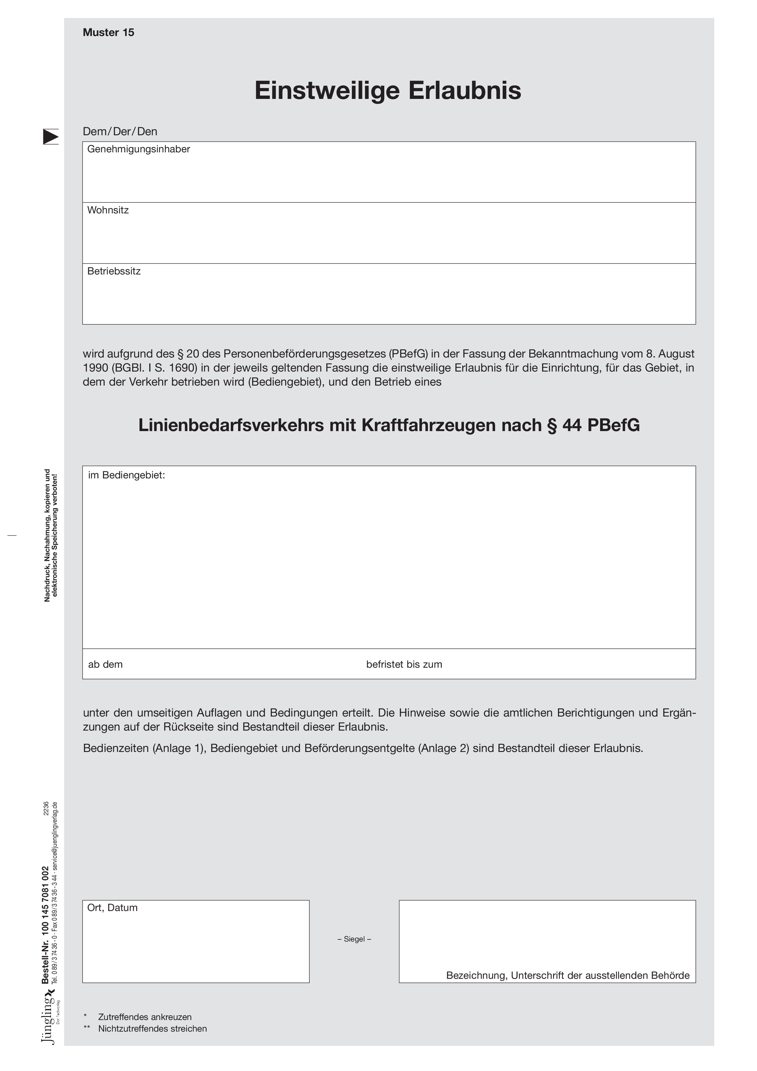 Muster 15: Einstweilige Erlaubnis, Linienbedarfsverkehr, A4, 2-fach, weiß