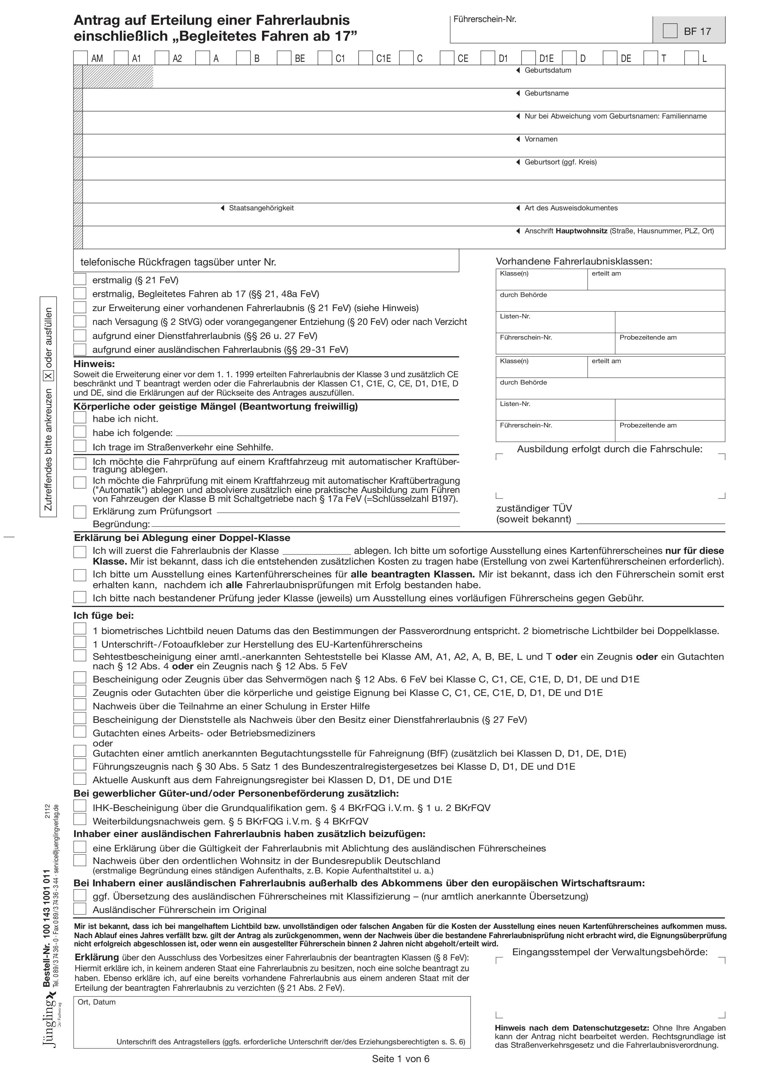 Antrag auf Erteilung einer Fahrerlaubnis einschließlich Begleitetes Fahren ab 17, A4, 6-seitig