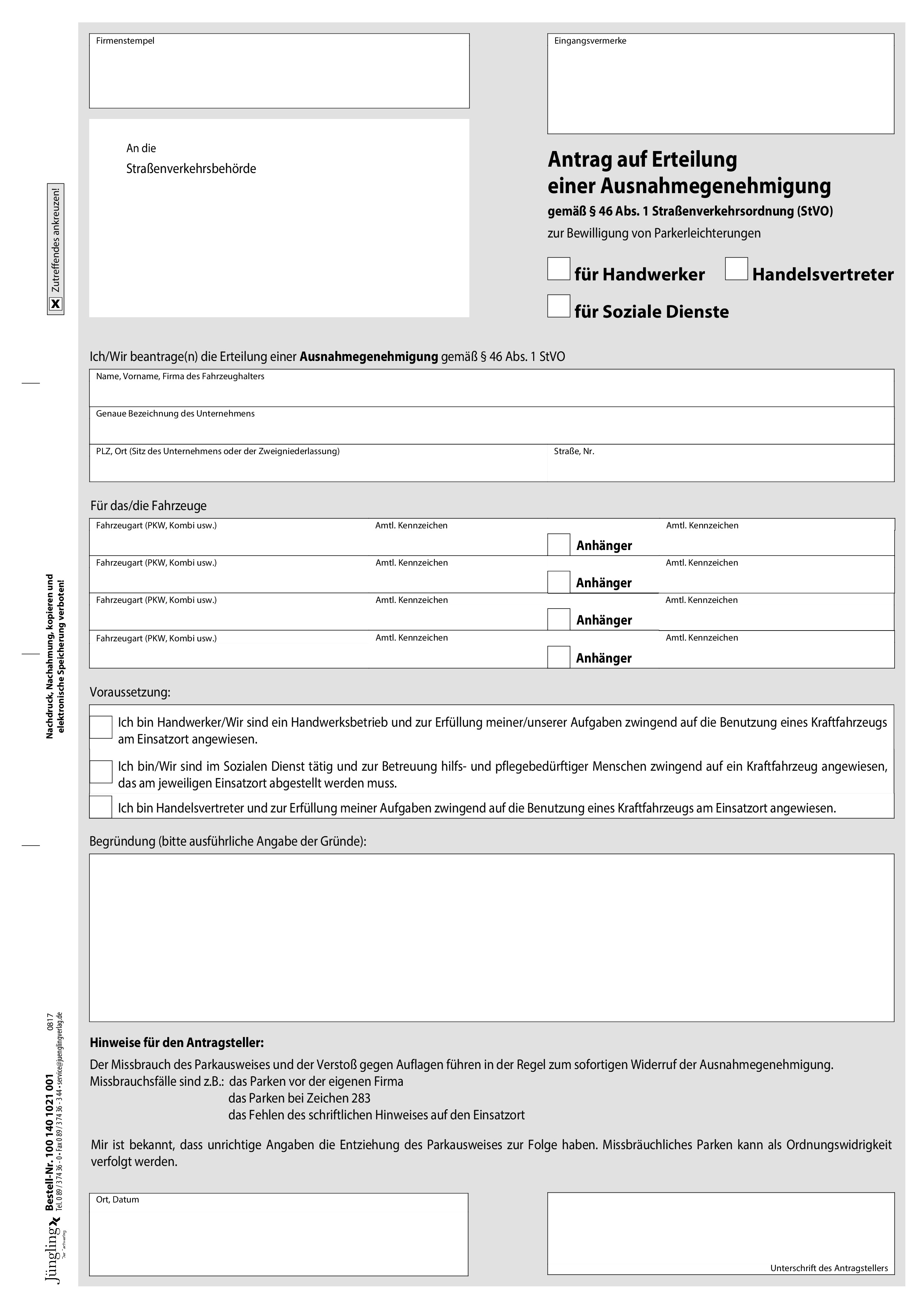 Antrag auf Erteilung einer Ausnahmegenehmigung gem. § 46 (1) StVO Handwerker/Handelsvertreter/Soziale Dienste, A4