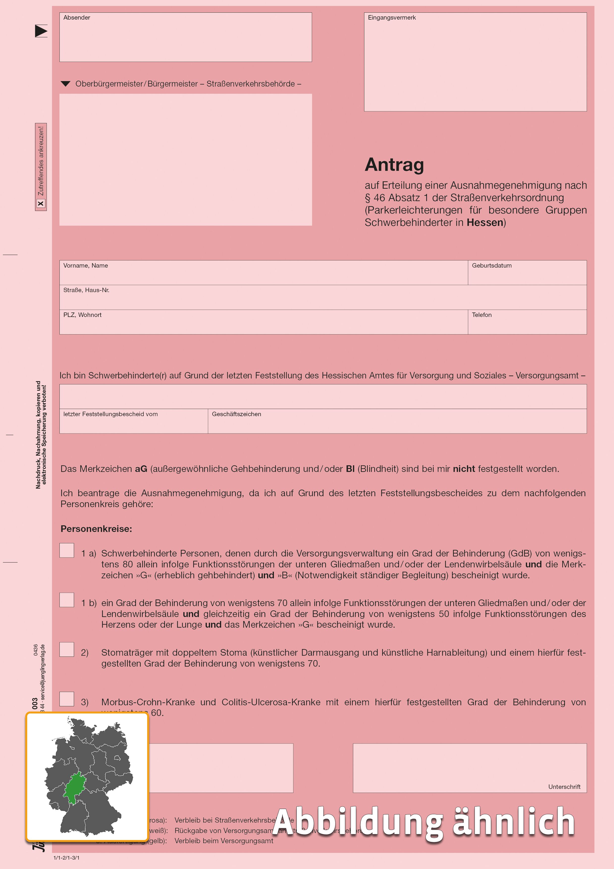 Antrag auf Parkerleichterungen für Schwerbehinderte in Hessen, A4 3-fach