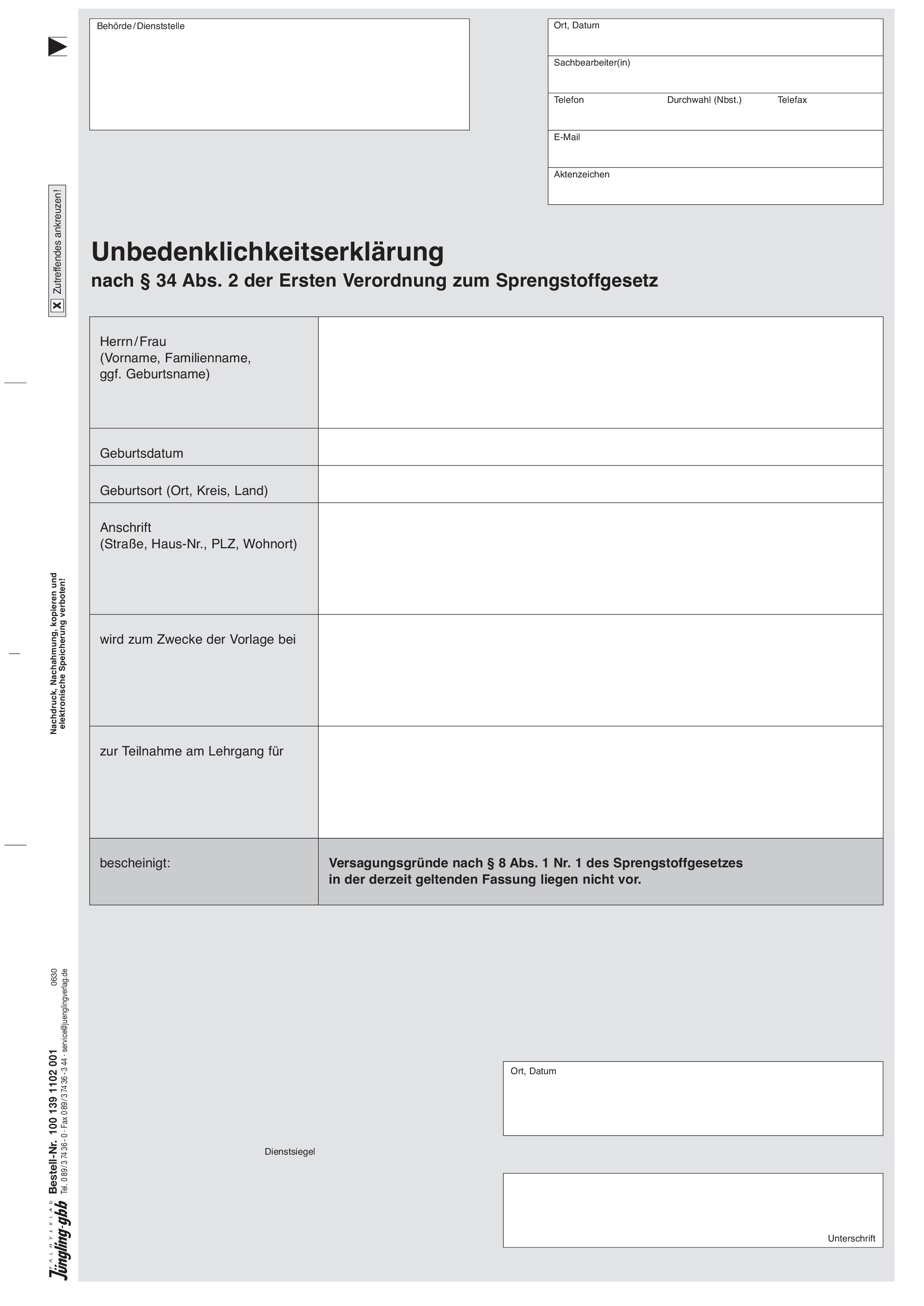 Unbedenklichkeitsbescheinigung SprengG, DIN A4