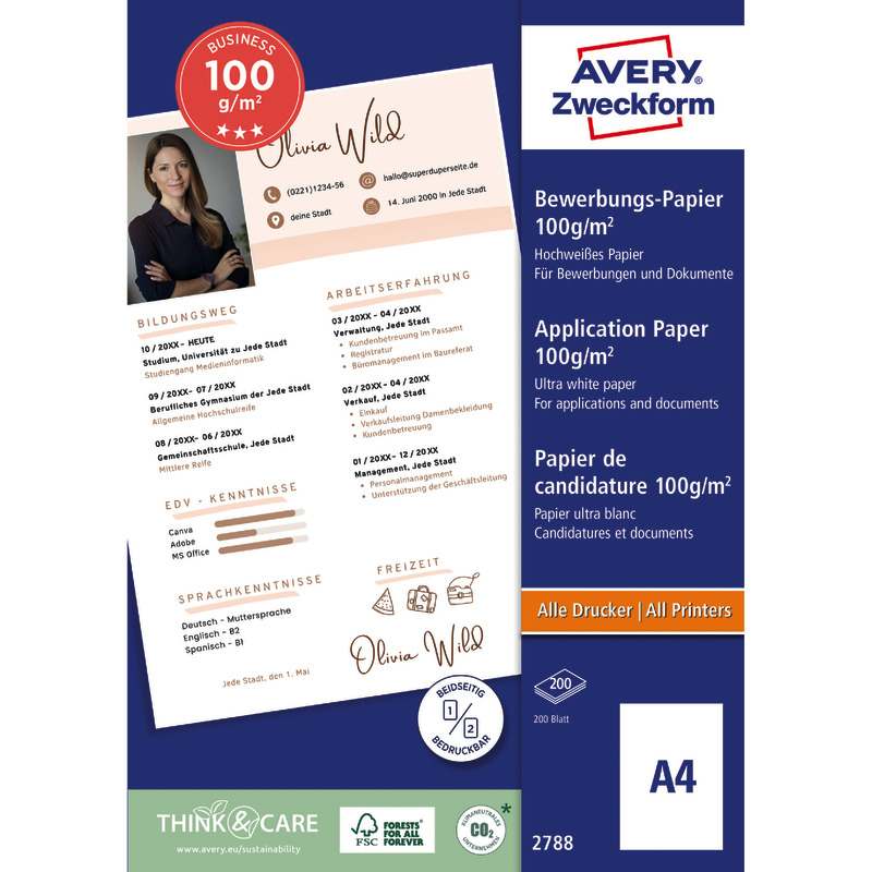 AVERY Zweckform Business Inkjet Bewerbungspapier, DIN A4, 100 g/m², Packung: 200 Blatt