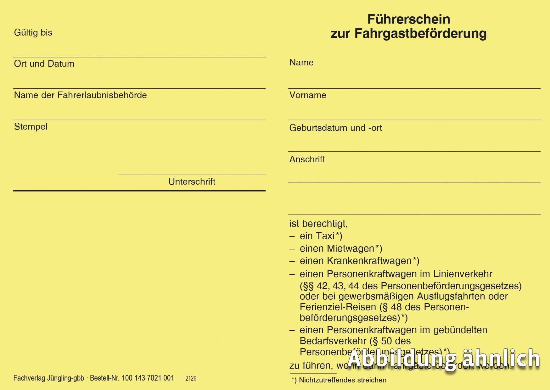 Führerschein zur Fahrgastbeförderung, Neobond gelb, A6, Bündel à 25