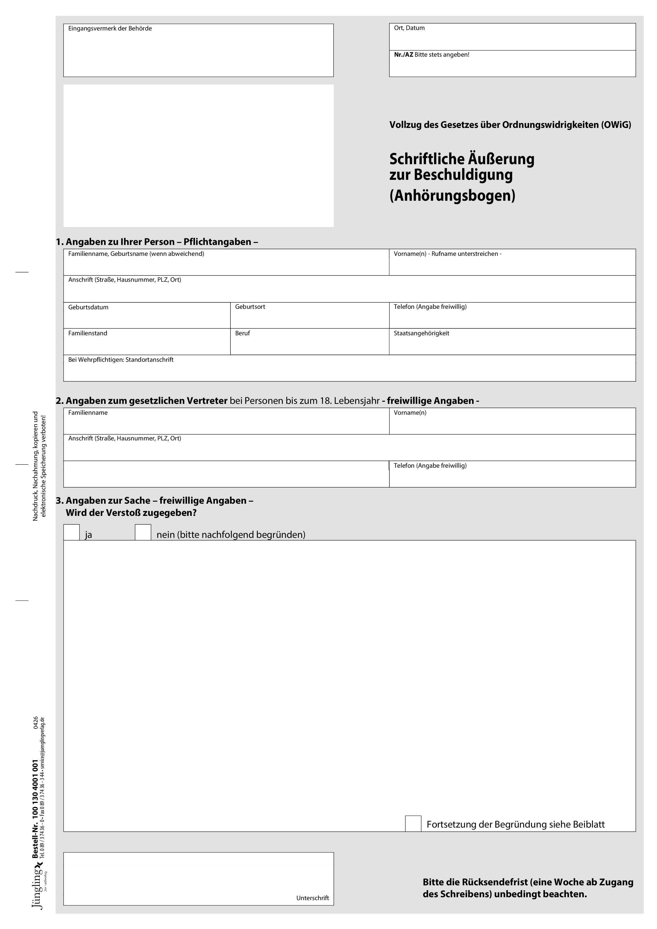 Schriftliche Äußerung zur Beschuldigung (Anhörungsbogen), A4