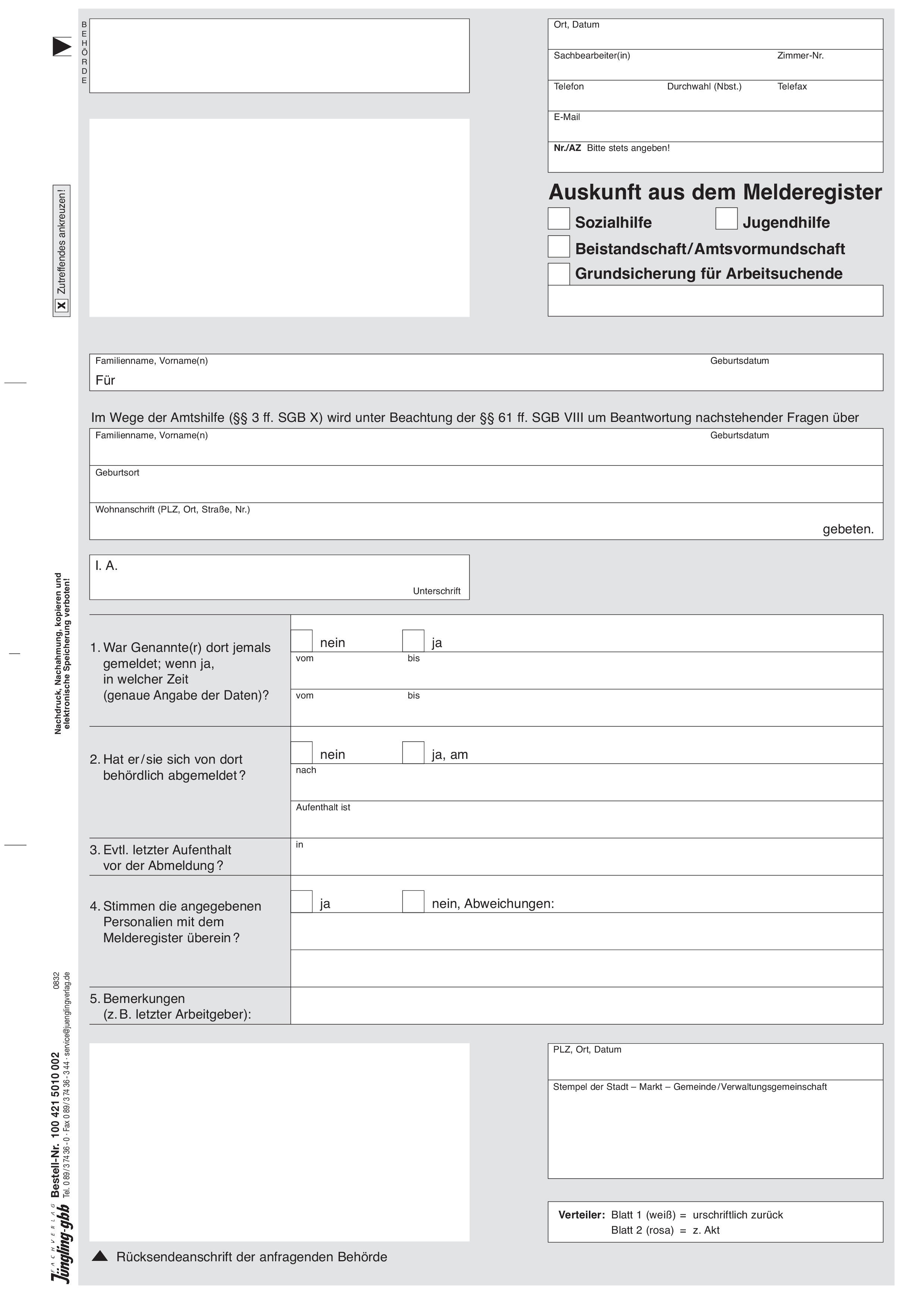 Auskunft Melderegister mit Rückantwort, A4 2-fach