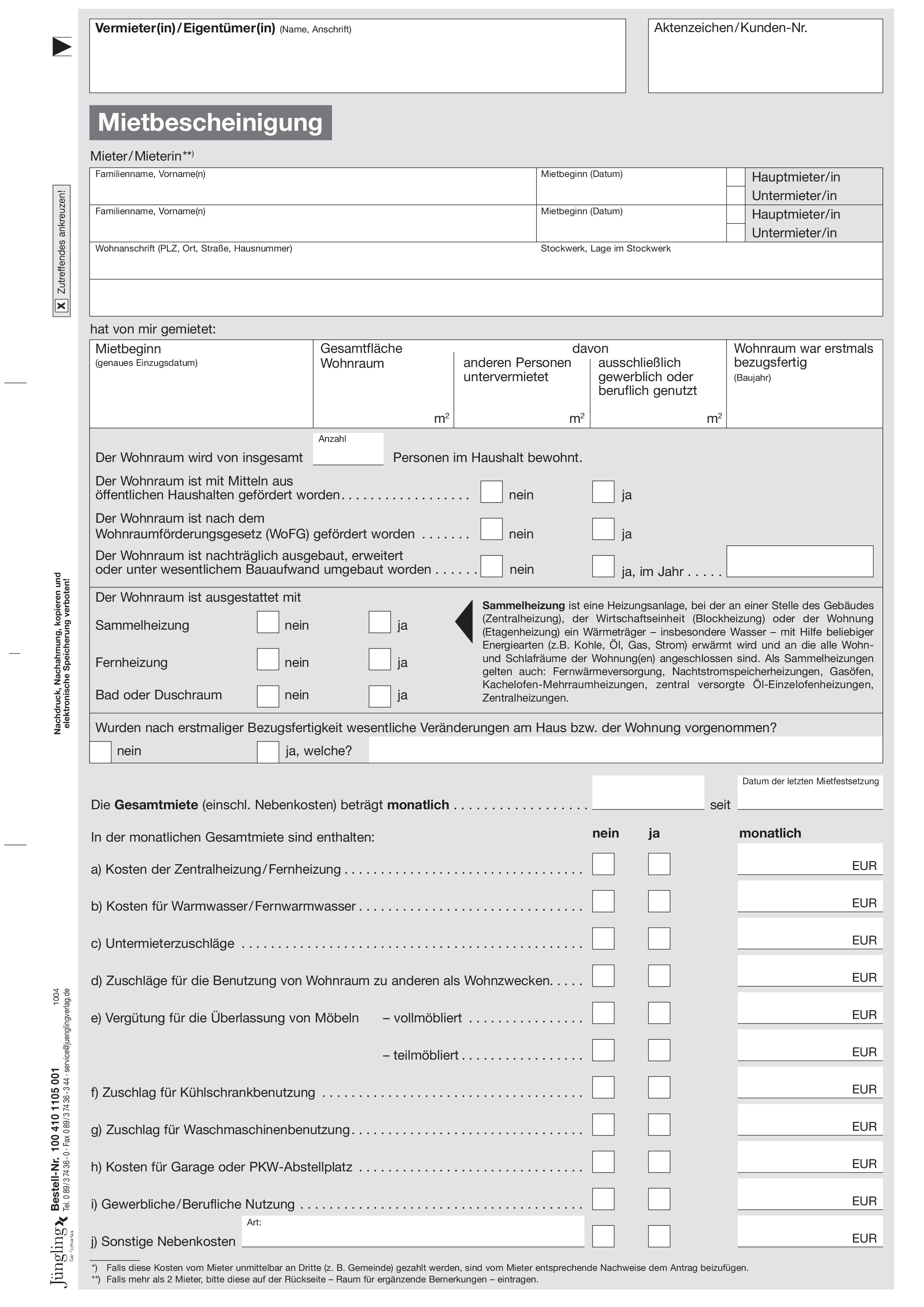 Mietbescheinigung, A4 Mietbescheinigung, A4
