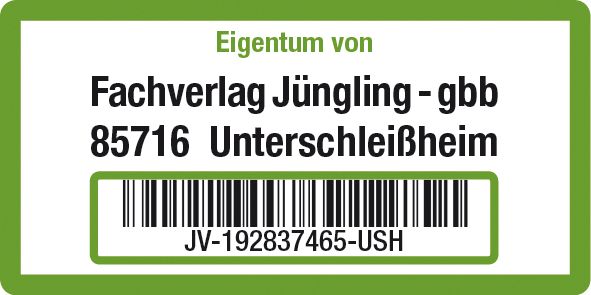 Inventaretikett, mit Barcode und Klarschrift, Farbe: grün