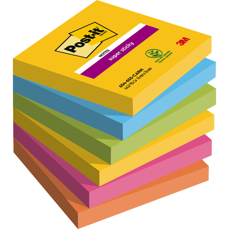 Post-it® Super Sticky Notes, 76 mm x 76 mm, 90 Blatt/Block, 6 Blöcke/Packung - Carnival bunt