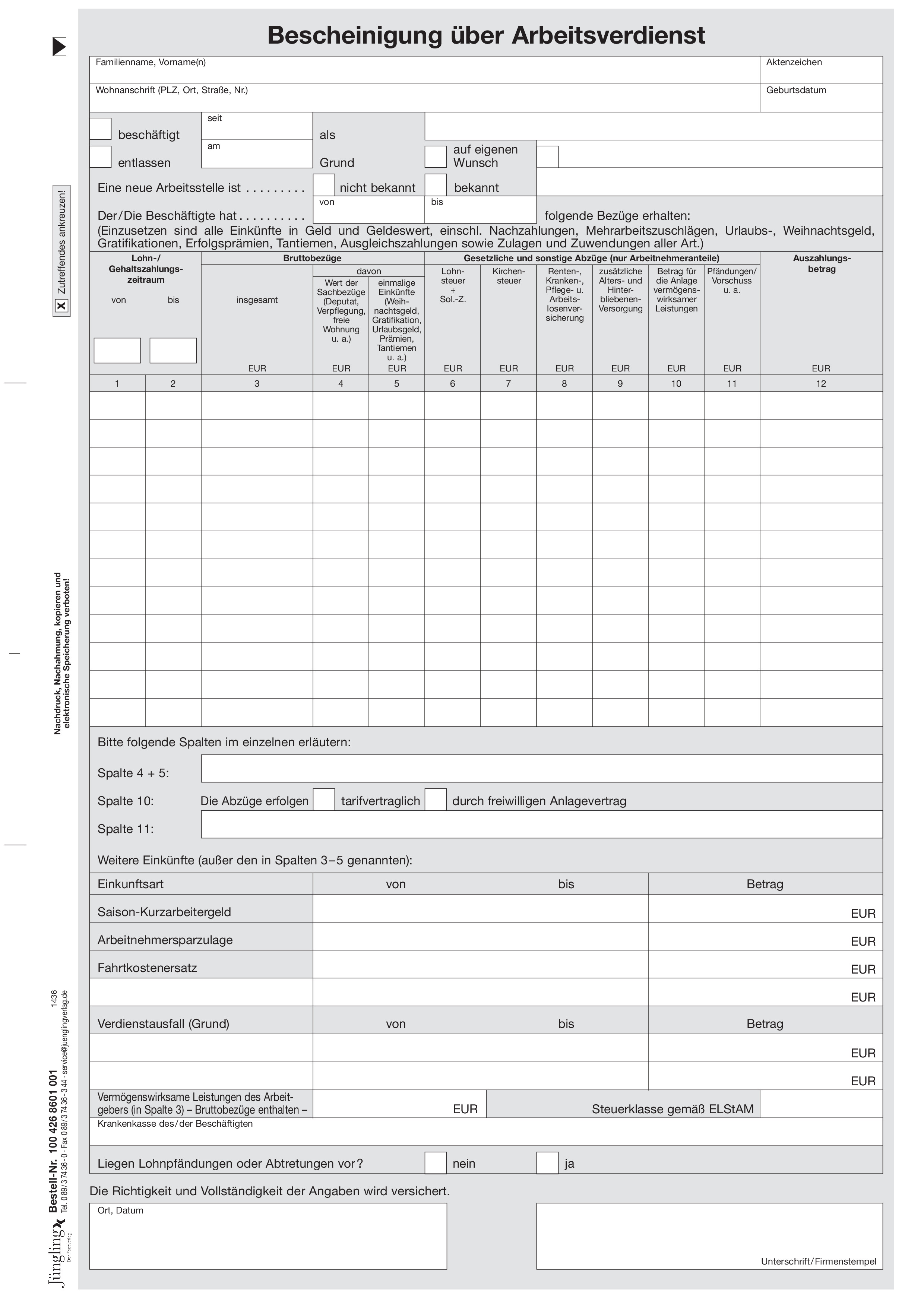 Bescheinigung Arbeitsverdienst, A4 