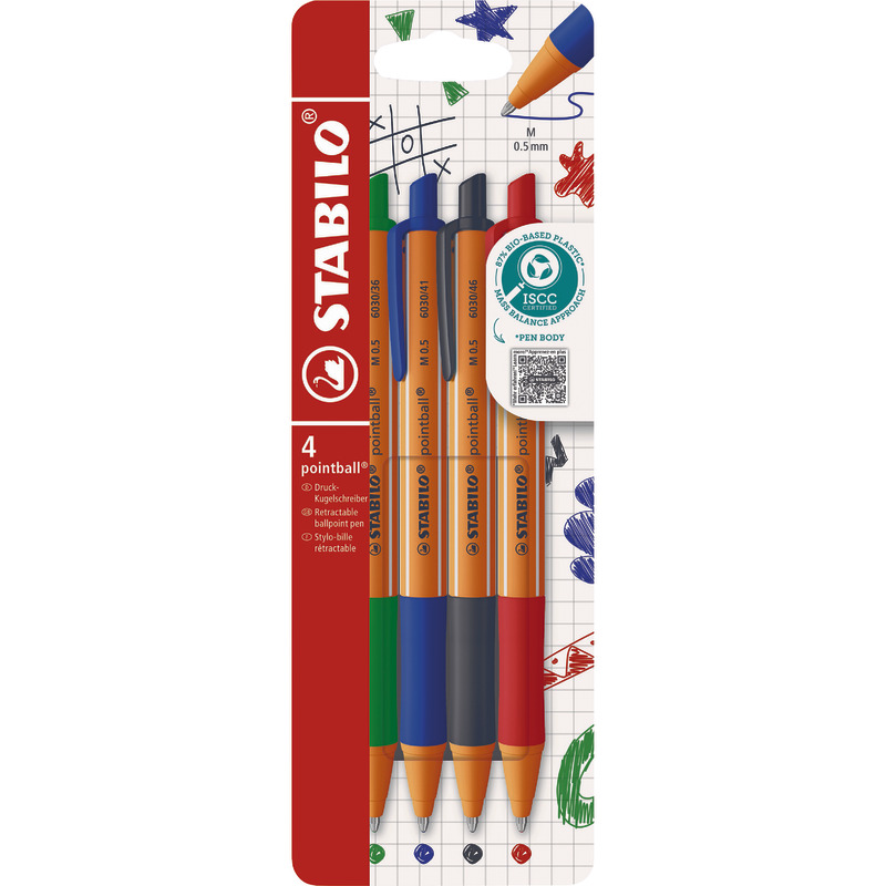 STABILO Druckkugelschreiber pointball 6030/4, Etui mit 4 farbsortierten Stiften - farbig sortiert