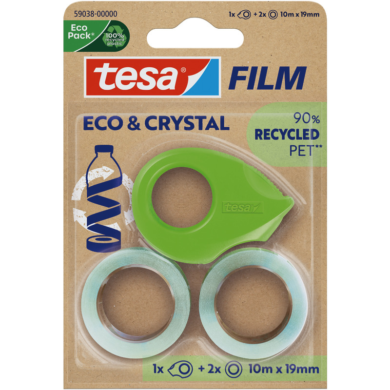 tesa MINI DISPENSER RECYCLED Handabroller mit tesafilm® CRYSTAL RECYCLED 19 mm x 10 m, 2 Rollen