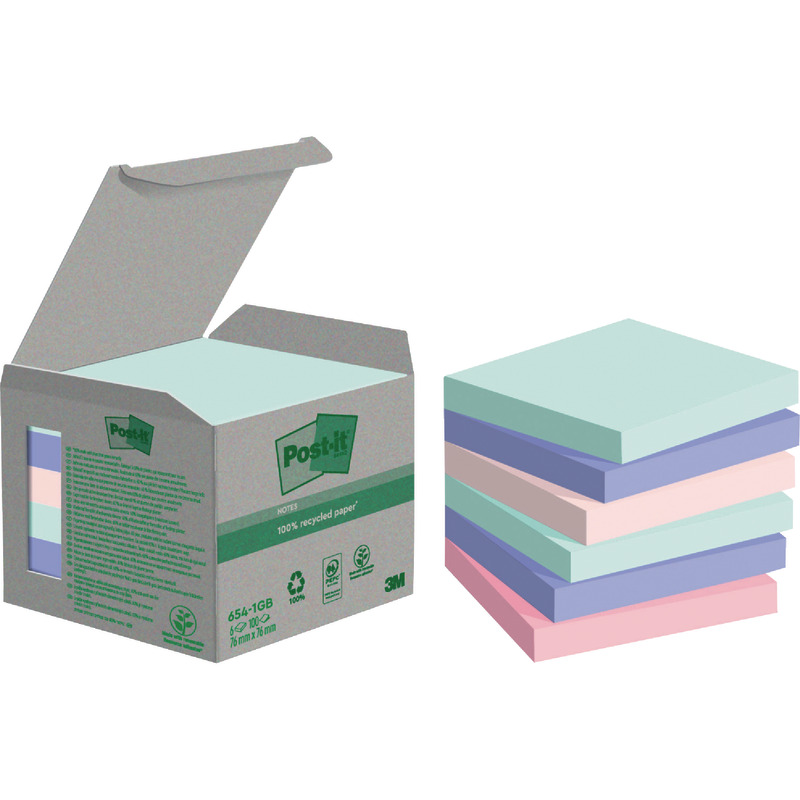 Post-it® Recycling Notes 654-1GB, 76 x 76 mm, mint, hellblau, rosa, flamingopink, Packung: 6 Block
