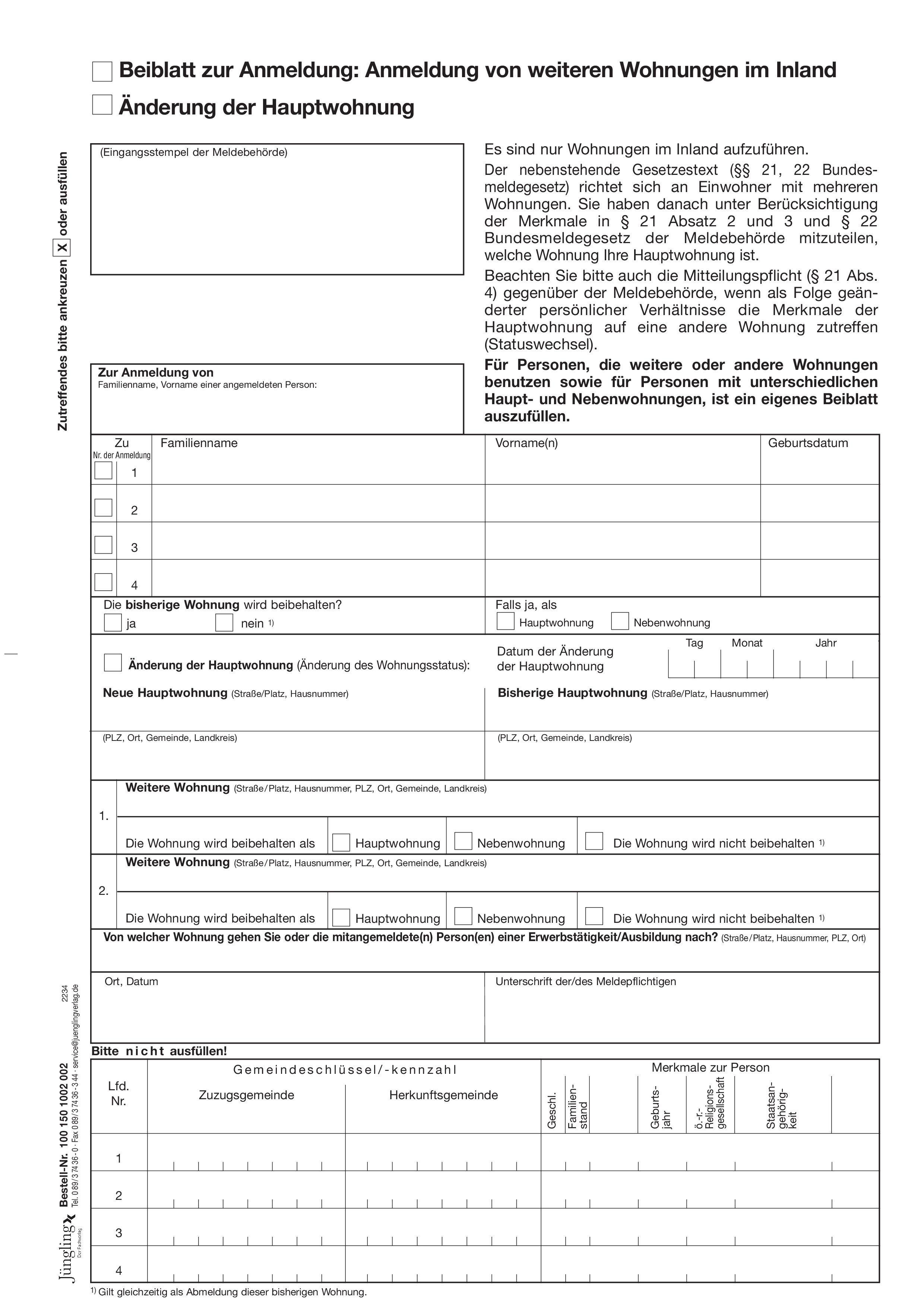 Beiblatt zur Anmeldung (mehrere Wohnungen) und Änderung Hauptwohnung, A4, 2-fach SD