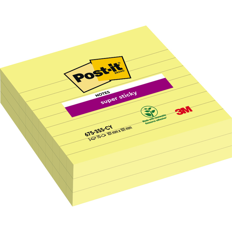 Post-it® Super Sticky Notes im Großformat, Oasis Collection, Liniert, 101 mm x 101 mm, 70 Blatt/Block, 3 Blöcke/Packung - gelb