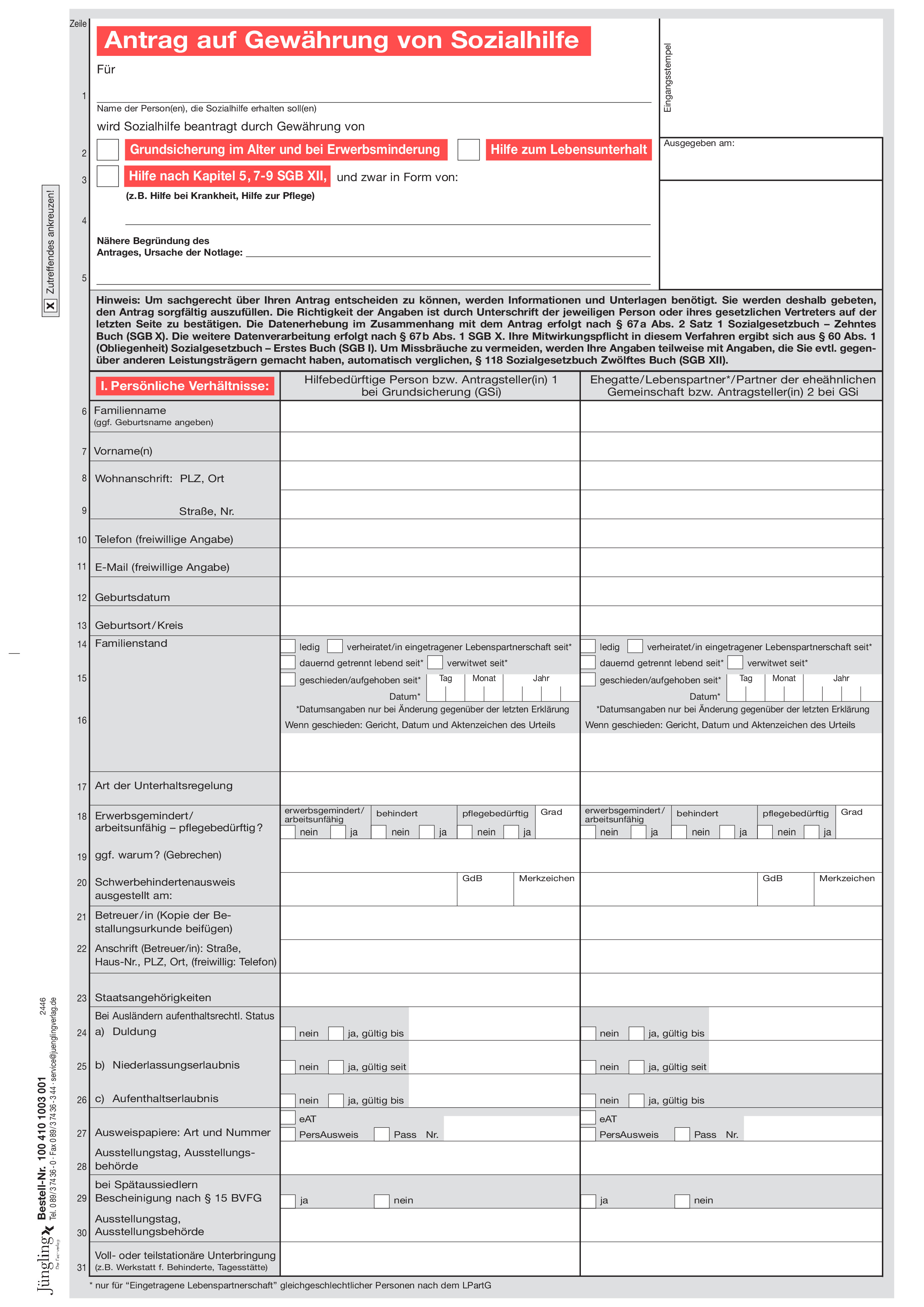 Antrag auf Gewährung von Sozialhilfe, A4, 6-seitig
