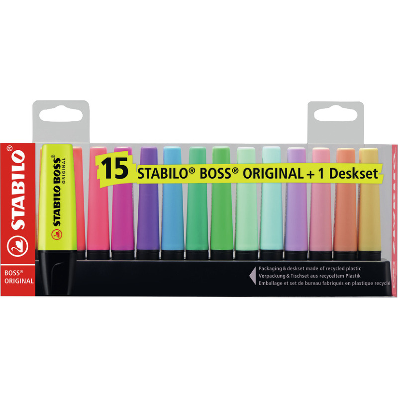 STABILO BOSS Textmarker ORIGINAL Pastel, 15er Tischset - farbig sortiert
