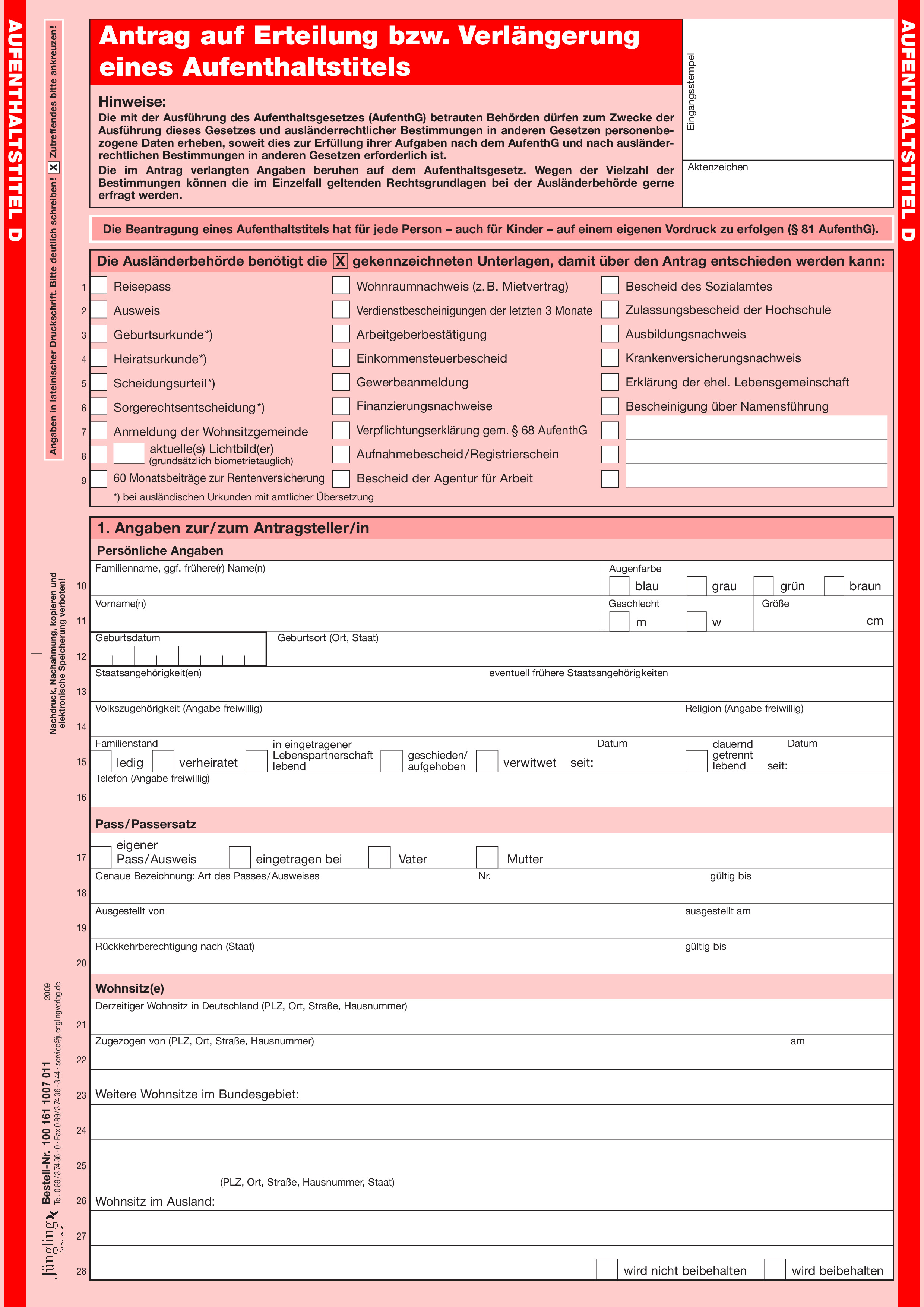 Antrag auf Erteilung bzw. Verlängerung eines Aufenthaltstitels, Deutsch