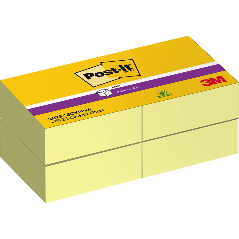 3 + 1 GRATIS! 4 Blöcke Post-it® Haftnotizen Super Sticky Notes, Würfel 76 x 76 mm,  270 Blatt, gelb