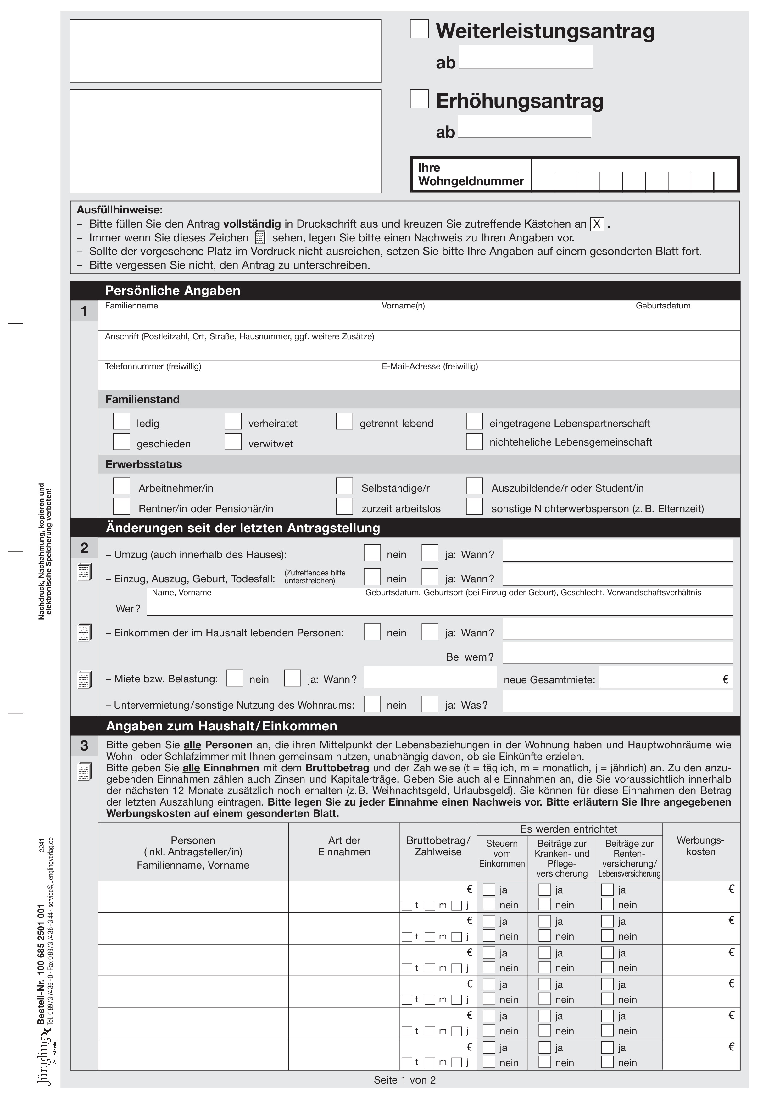 Antrag auf Weiterleistung von Wohngeld, A4, weiß