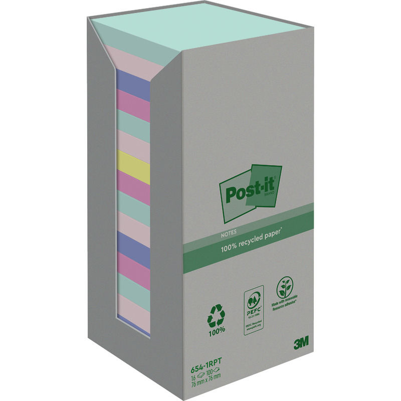 Post-it® Recycling Notes 654-1RPT, 76 x 76 mm,  Pastell farbsortiert, Packung: 16 Block