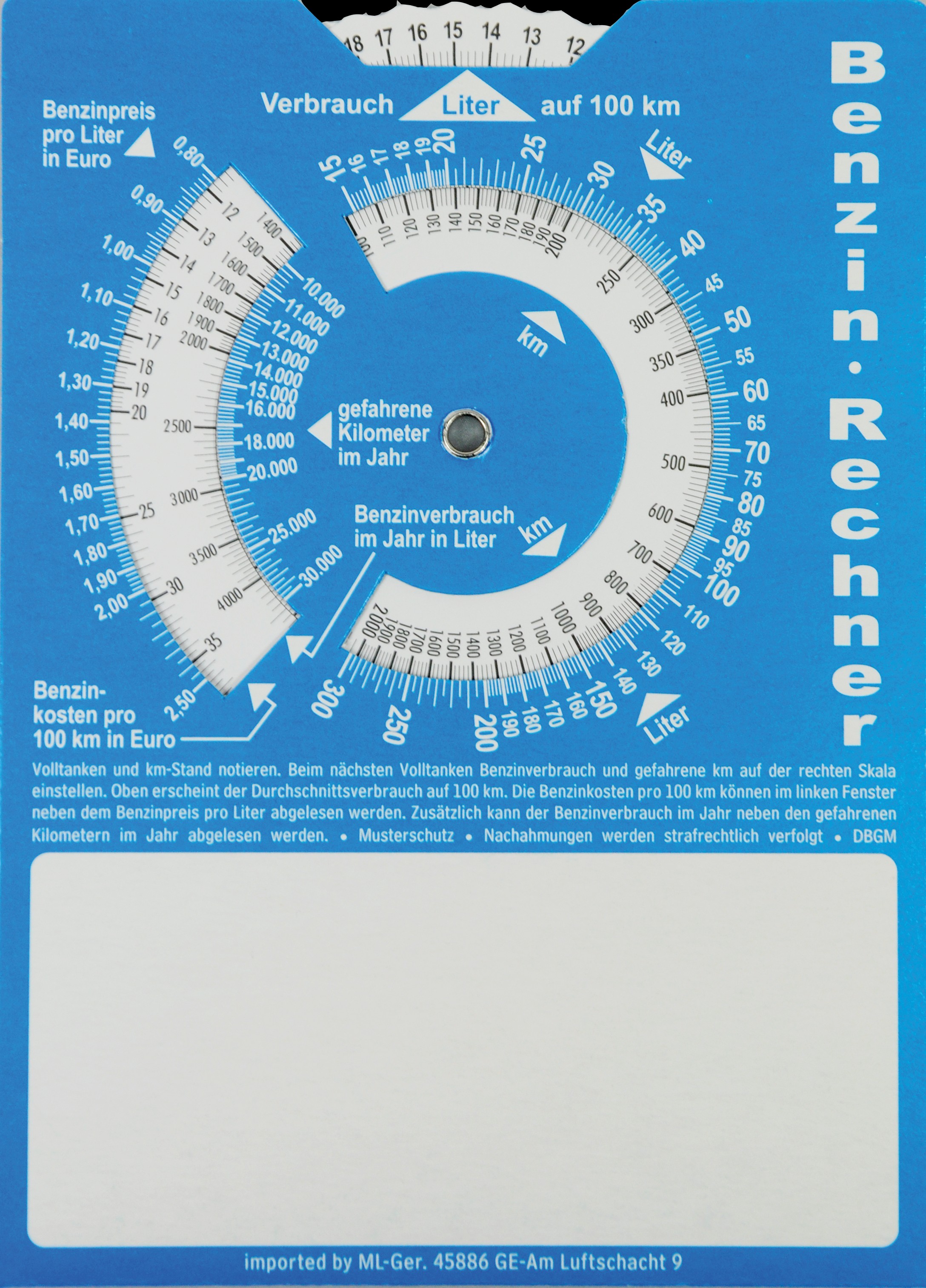 Parkscheibe, Pappe blau, Rückseite Benzinrechner