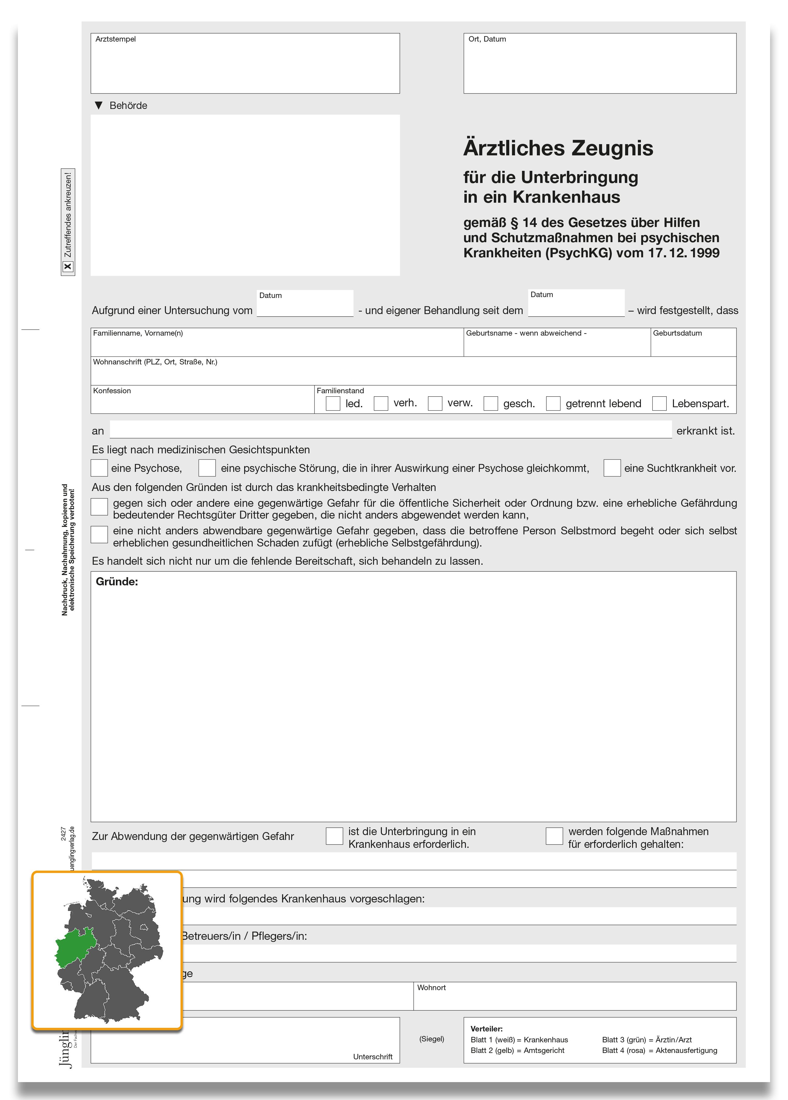 Ärztliches Zeugnis Unterbringung in ein Krankenhaus, A4, 4fach, Schnelltrennsatz mit Kohlepapier
