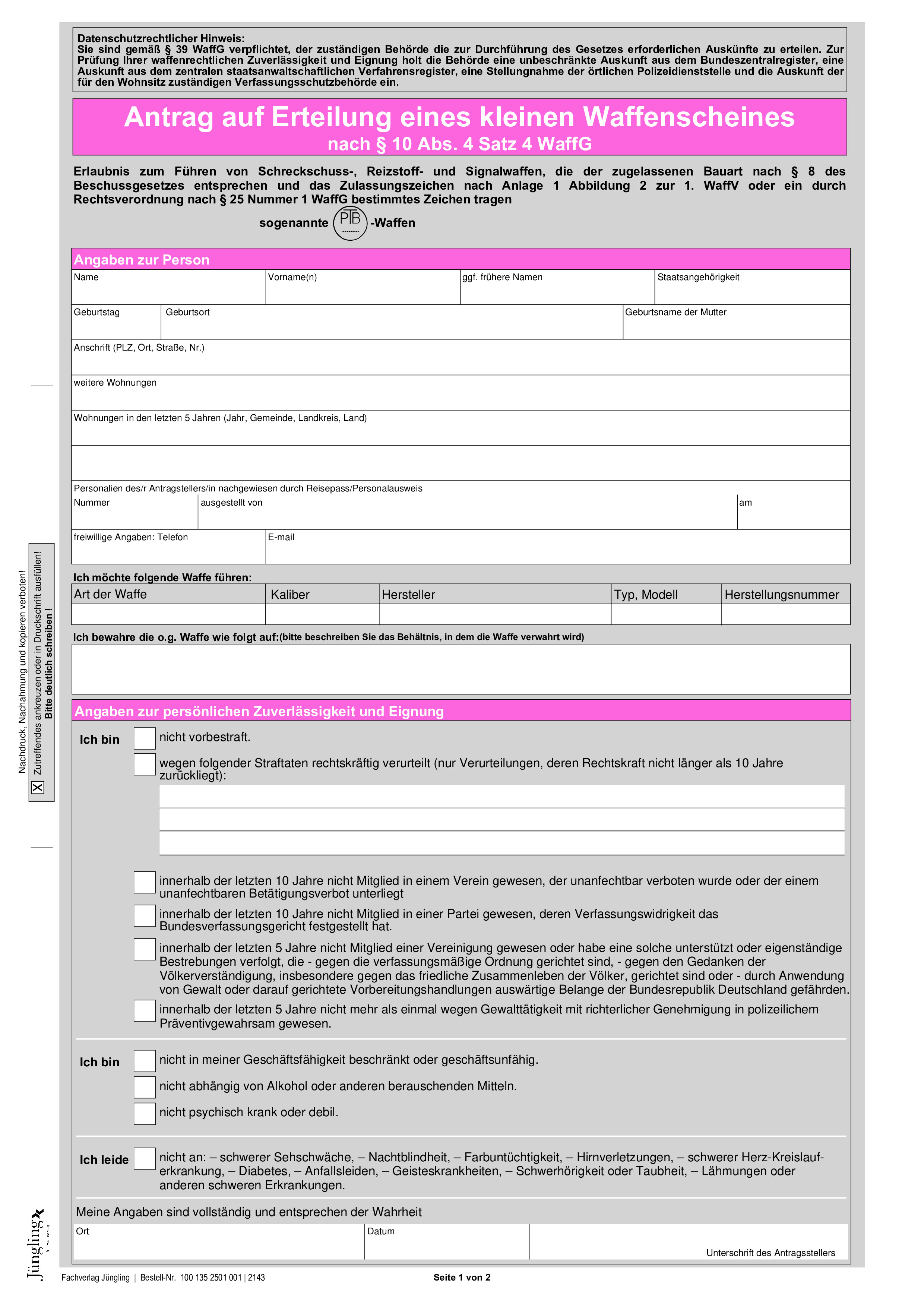 Antrag auf Erteilung einer Erlaubnis nach dem Waffengesetz (kleiner Waffenschein), A4