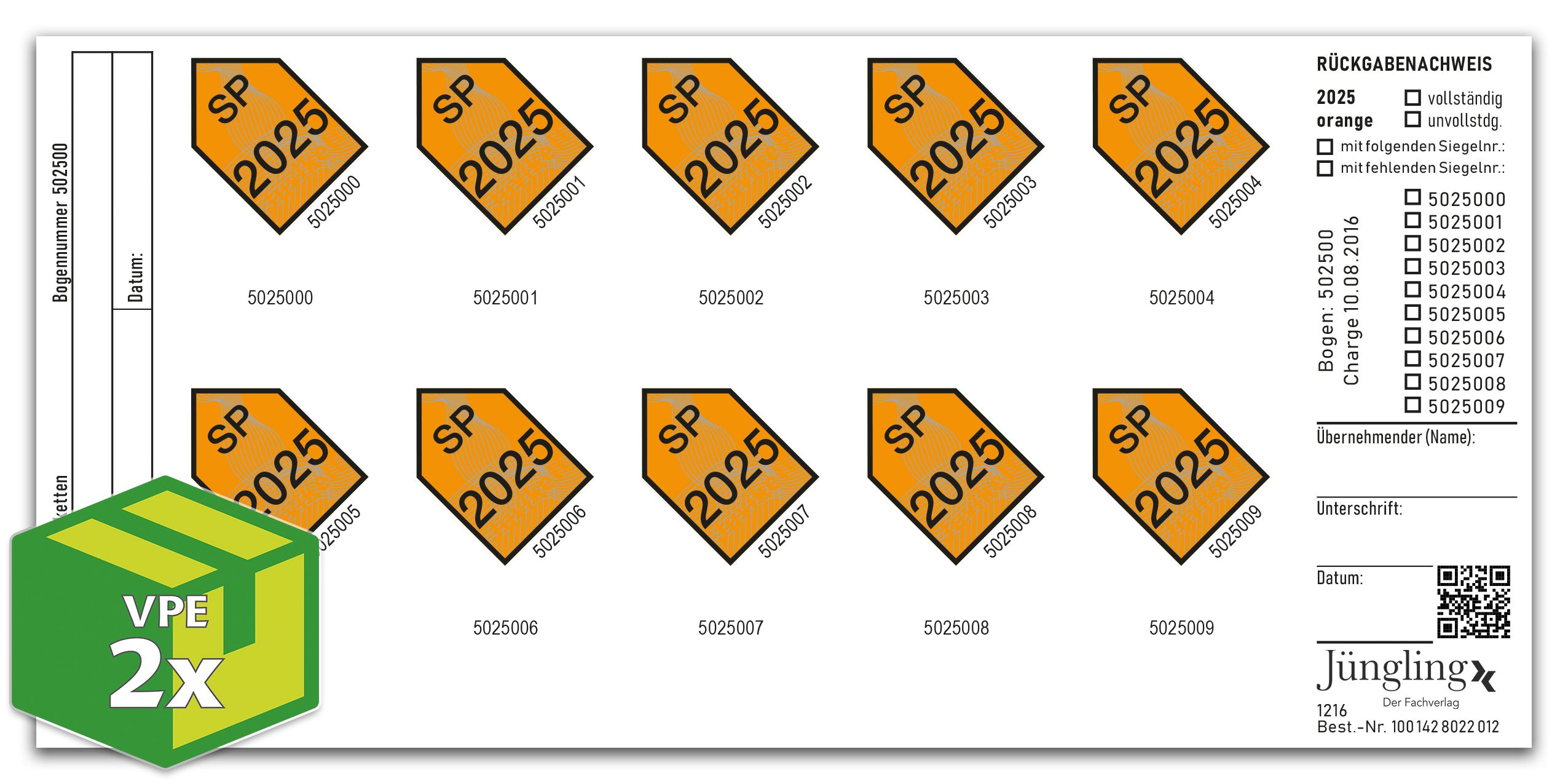 SP-Prüfmarke 2025, orange, VKE á 20 Stück