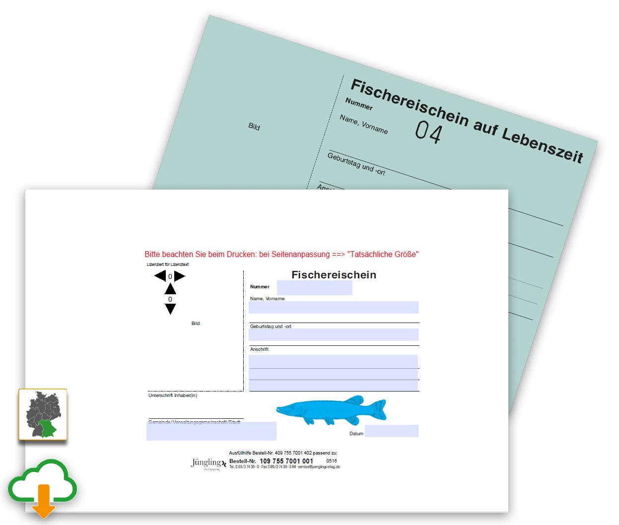 PDF Ausfüllhilfe Fischereischein auf Lebenszeit, A7 Schreibleinen blau