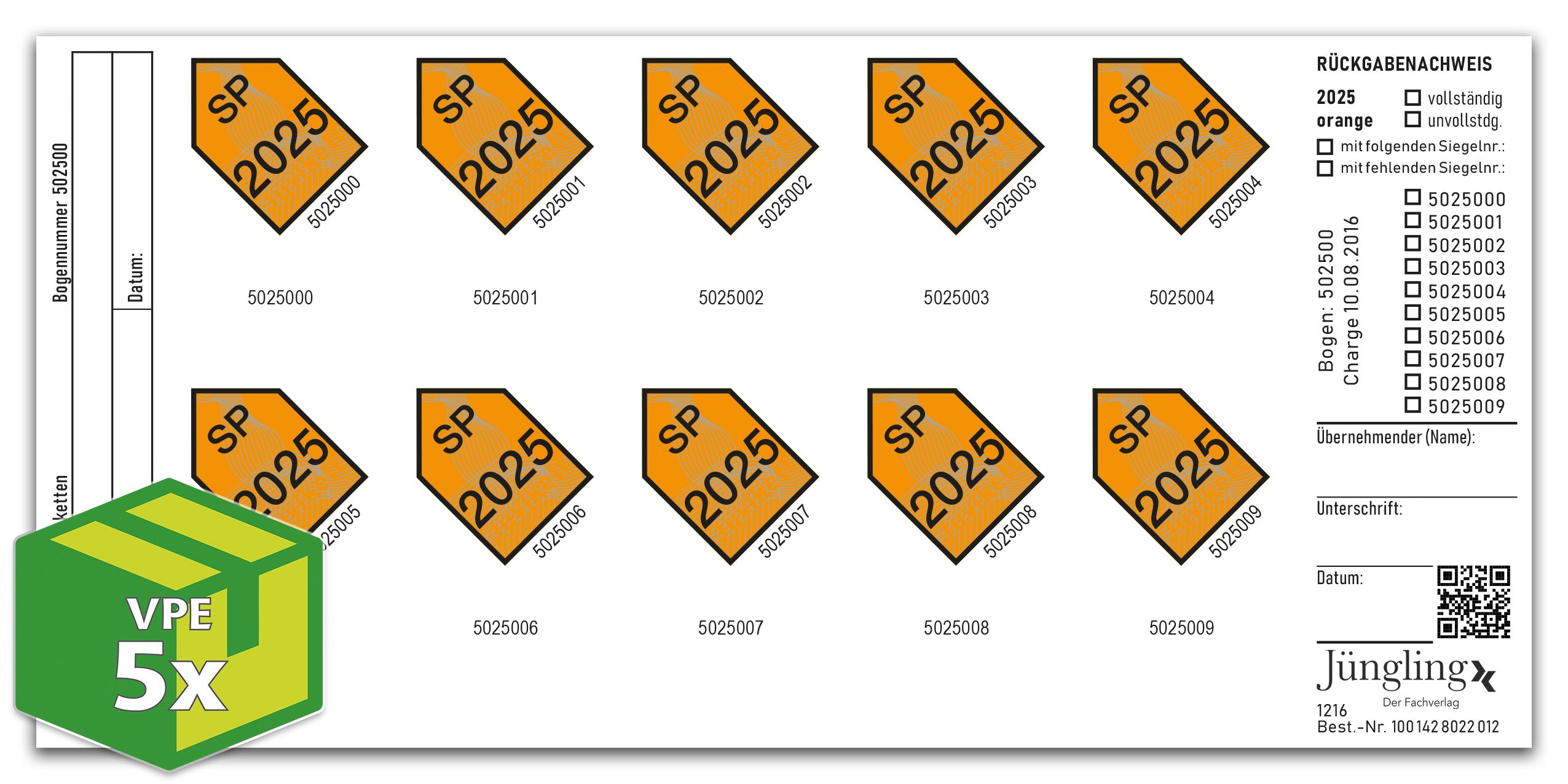 SP-Prüfmarke 2025 (orange) mit Verlagsnummerierung, Packung á 50 Stück