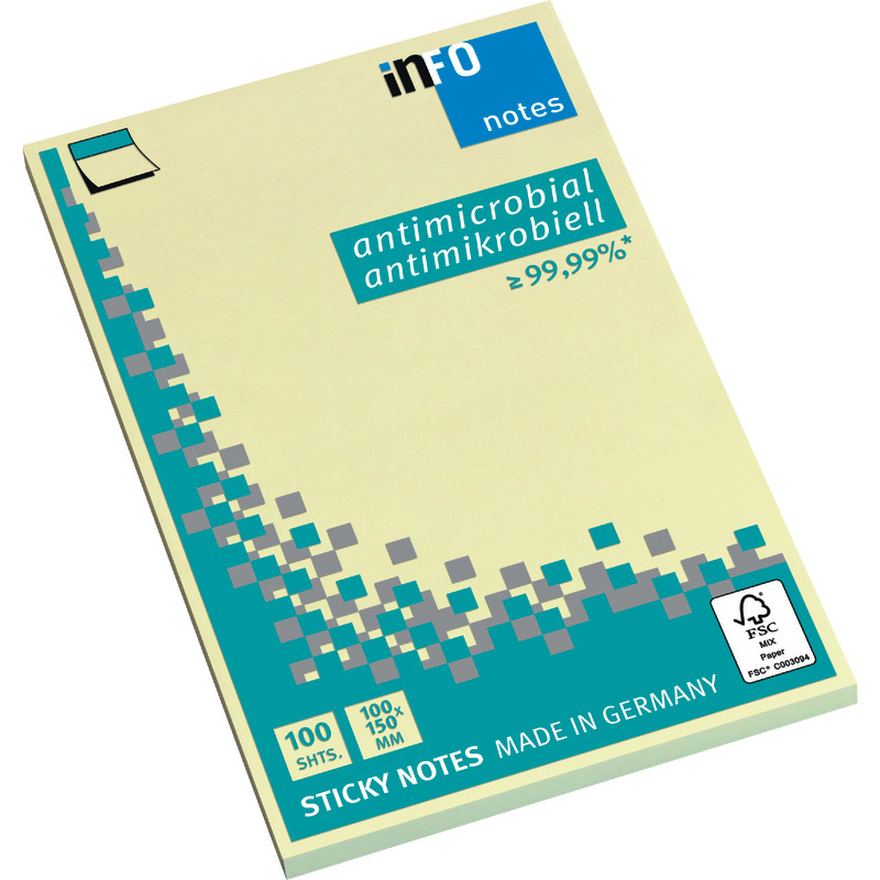 INFO NOTES Antimikrobielle Haftnotizen, 100 x 150 mm, 100 Blatt - gelb