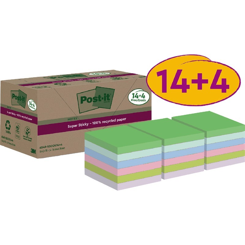 14 + 4 GRATIS! 18 Blöcke Post-it® Haftnotizen Super Sticky Recycling Notes, 76 x 76 mm, farbsortiert