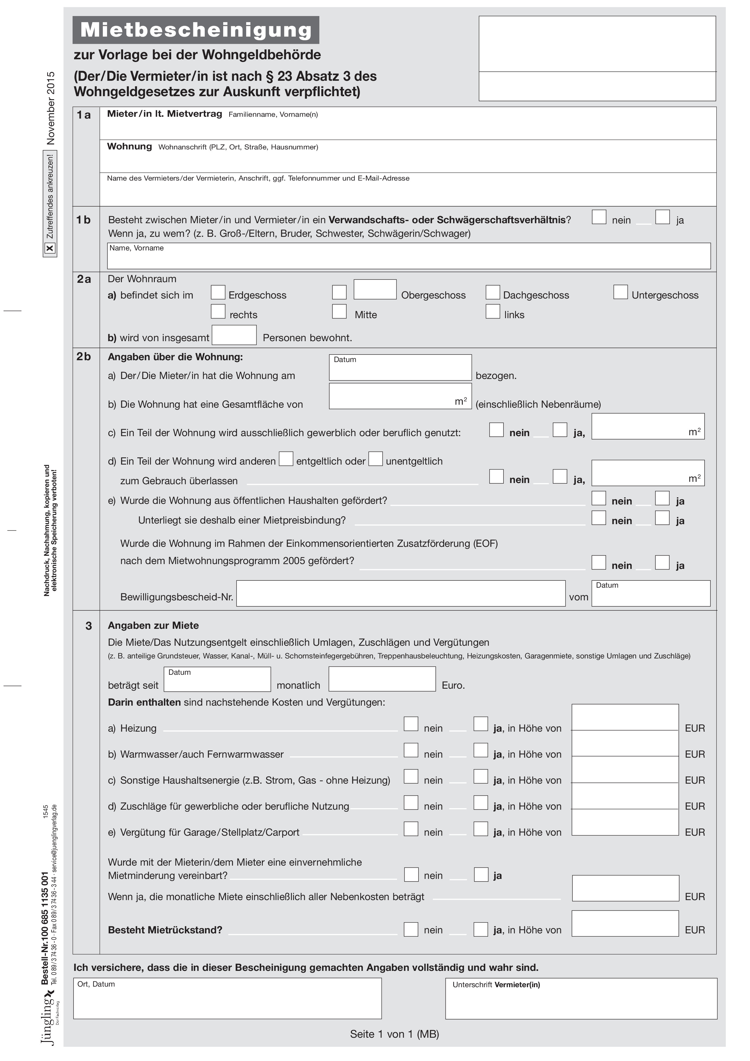 Mietbescheinigung nach § 23 Abs. 3 Wohnungsgeldgesetz, A4