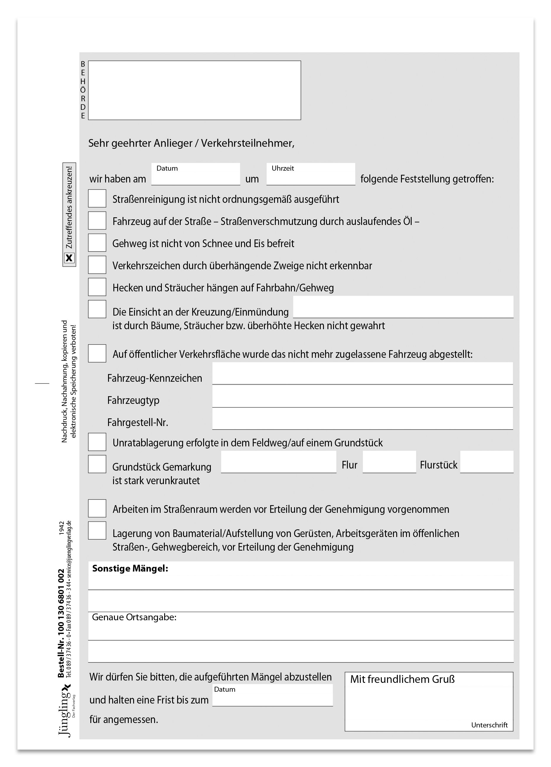 Mängelbericht Anlieger und Verkehrsteilnehmer, Block, 50 Satz, 2-fach SD