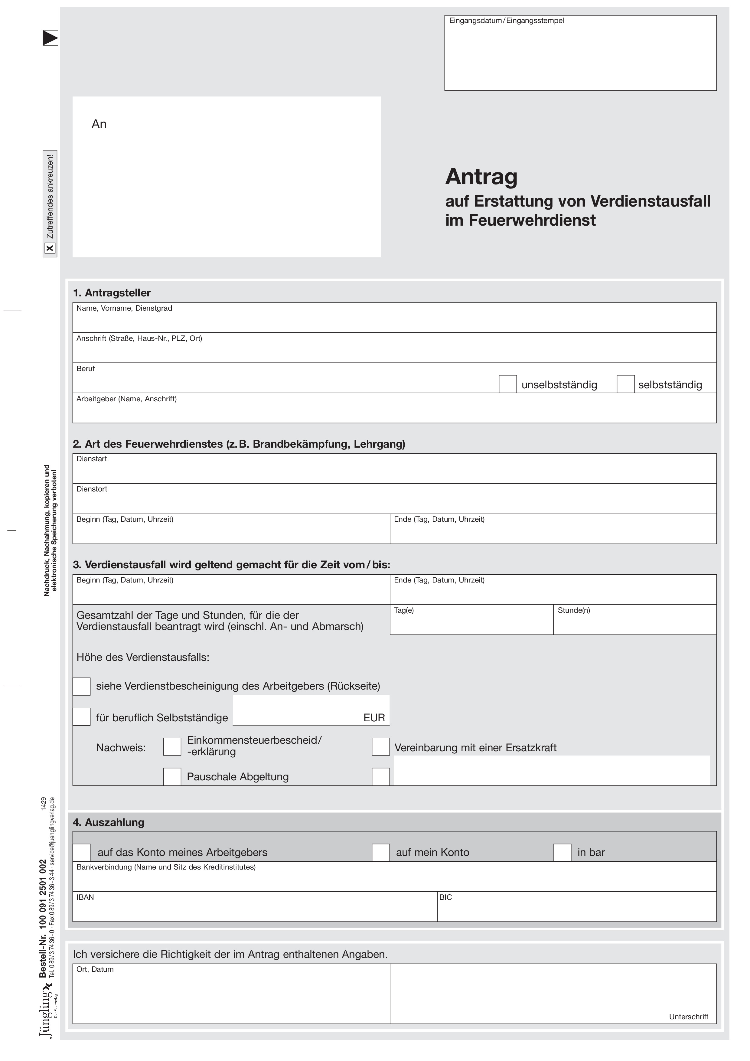 Antrag Verdienstausfall Feuerwehrdienst, A4, 2-fach SD