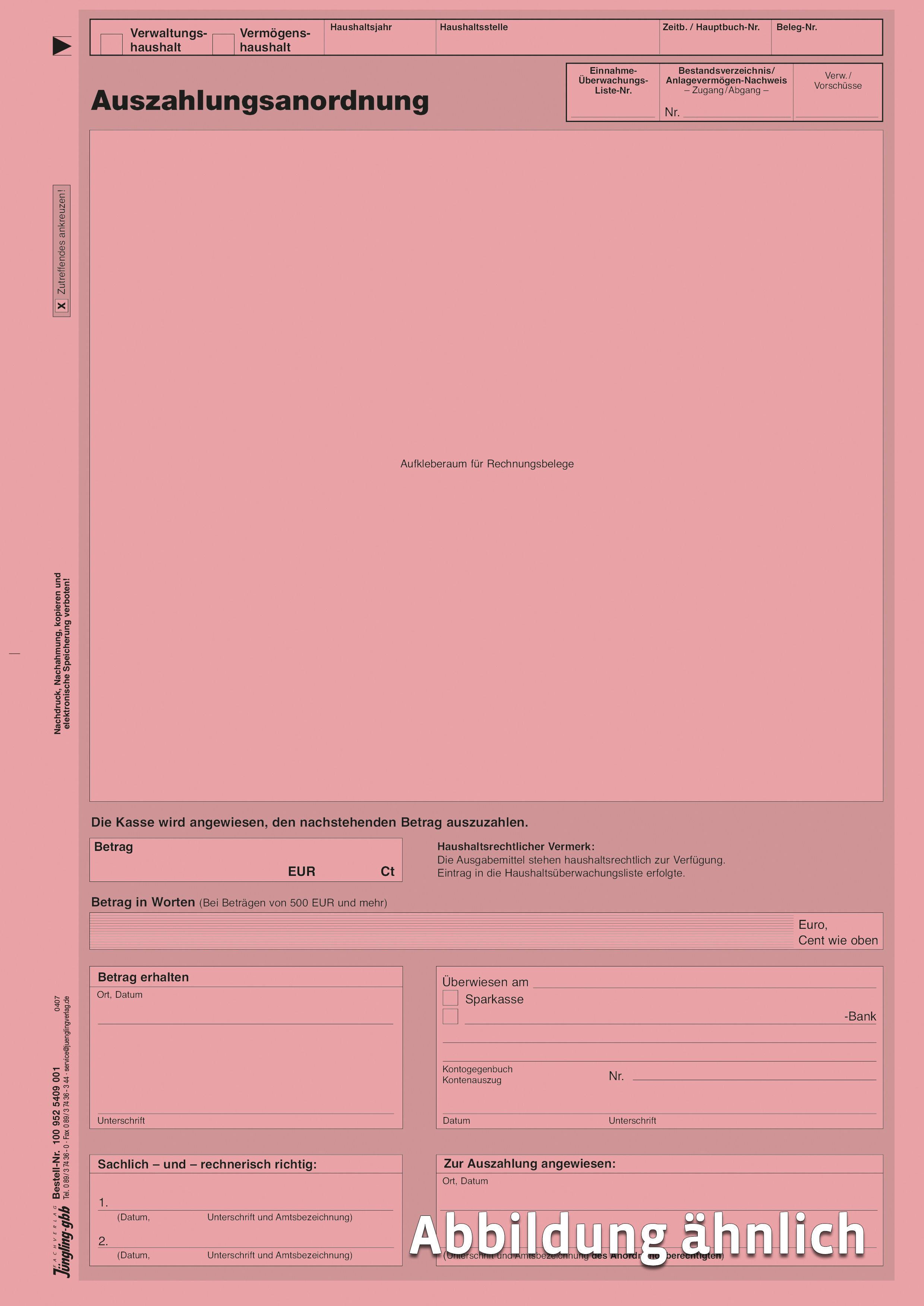 Auszahlungs-Anordnung mit Aufkleberaum, DIN A4 rosa