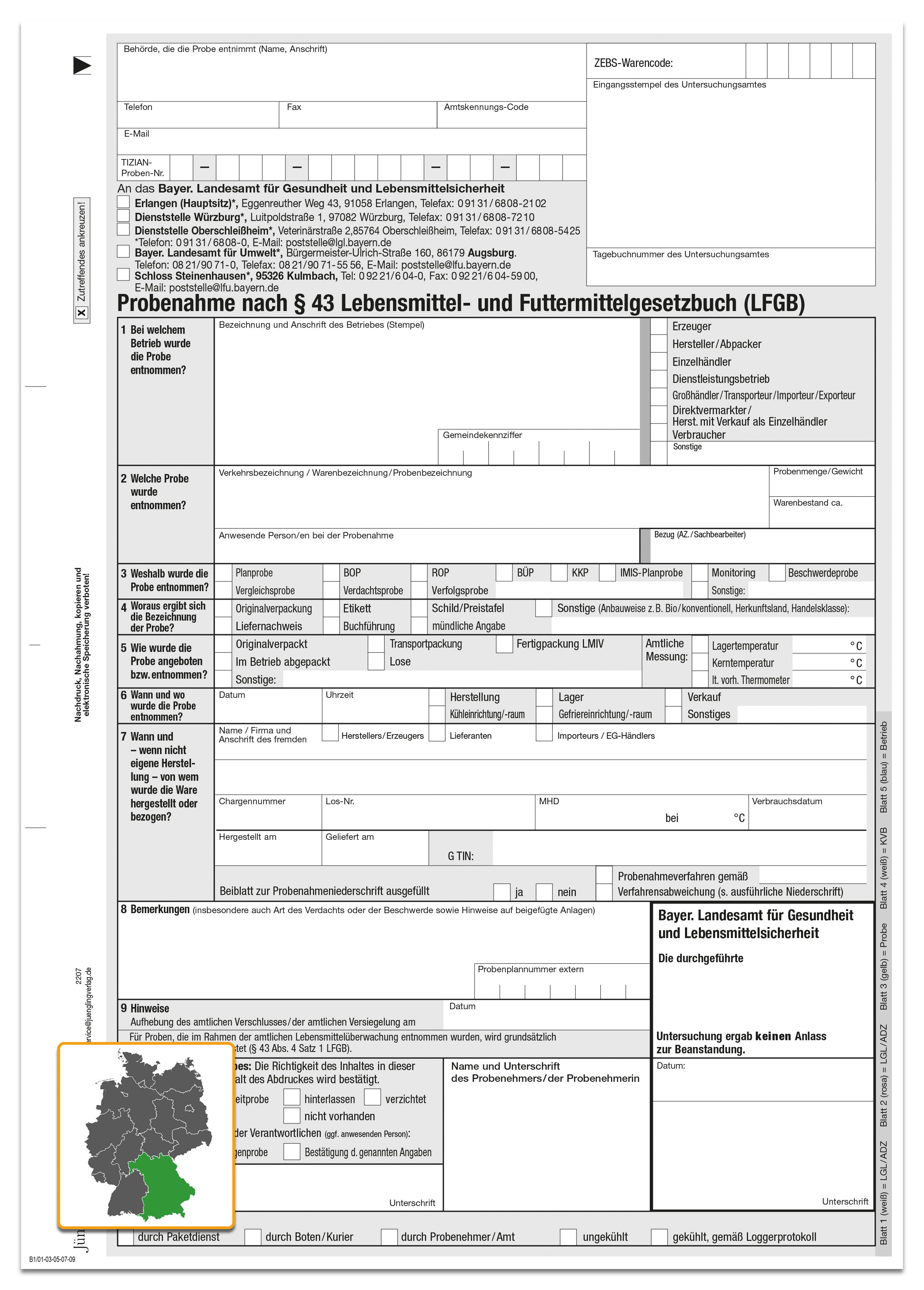 Probenahmeformular nach § 43 LFGB, A4 5-fach