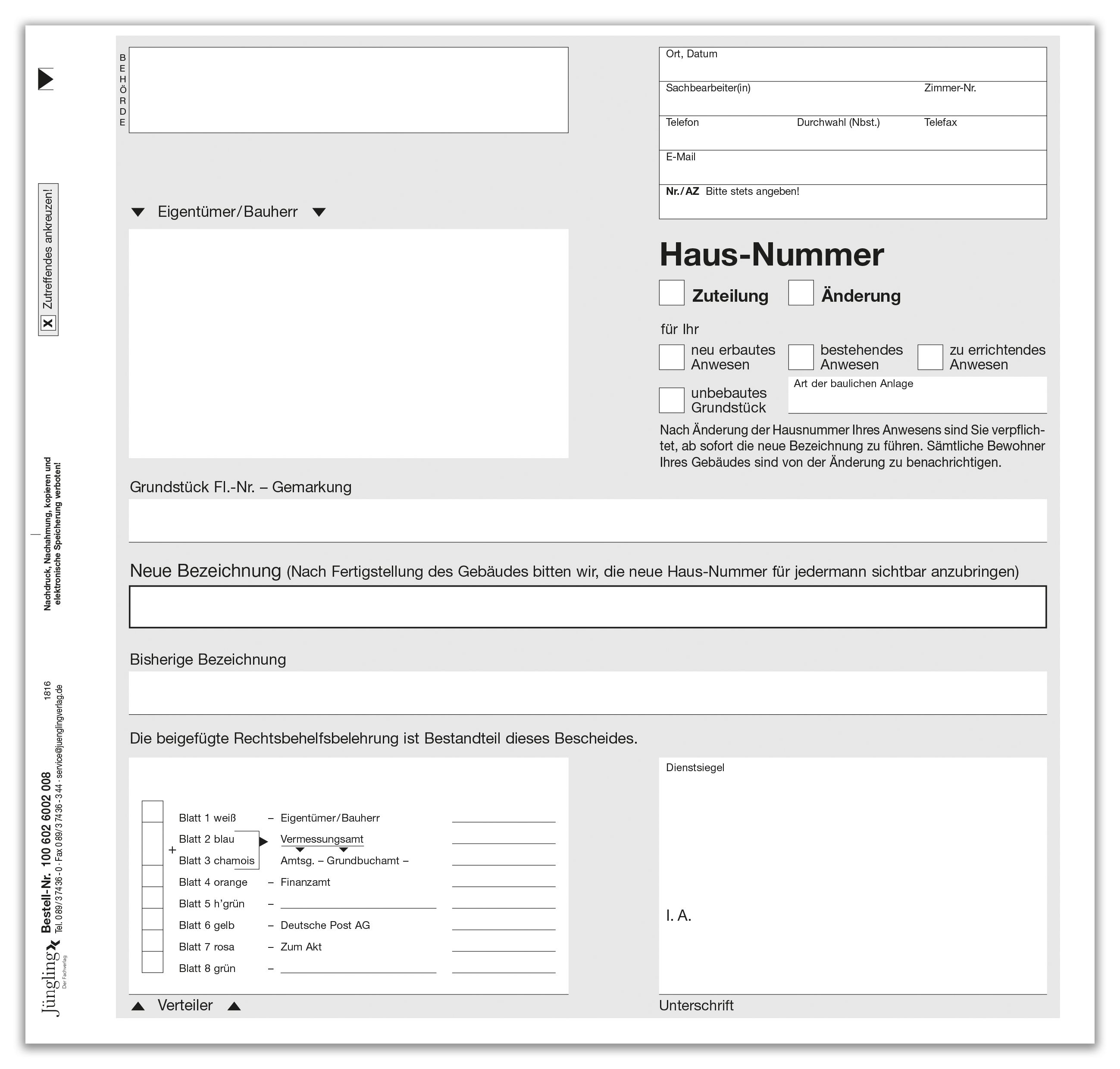 Hausnummernzuteilung Formular, 8-fach SD
