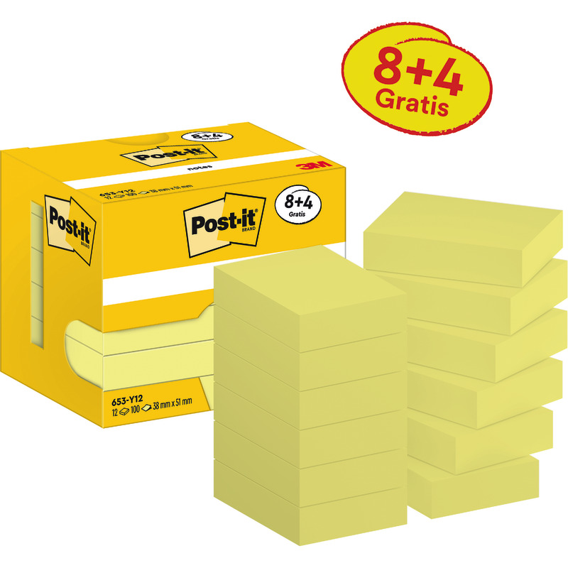 Post-it® Notes, Gelb, 38 mm x 51 mm, Promotion, 100 Blatt/Block, 8 Blöcke + 4 Gratis/Packung