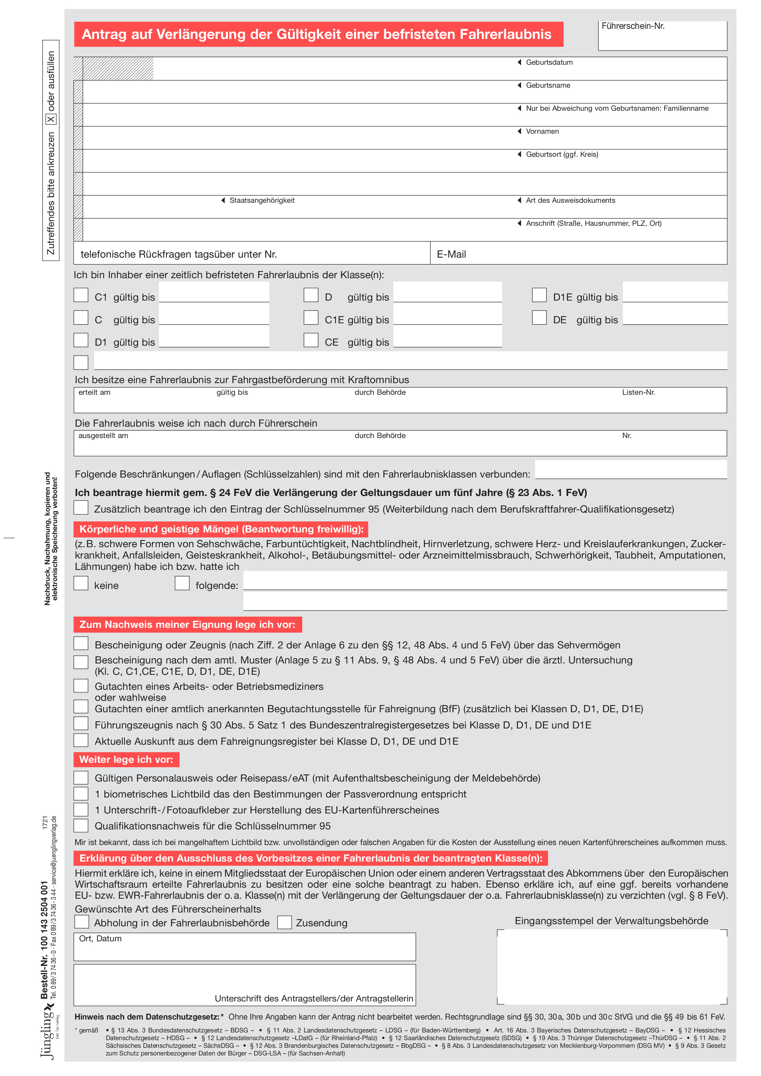 Antrag auf Verlängerung der Gültigkeit einer befristeten Fahrerlaubnis, A4, 4-seitig
