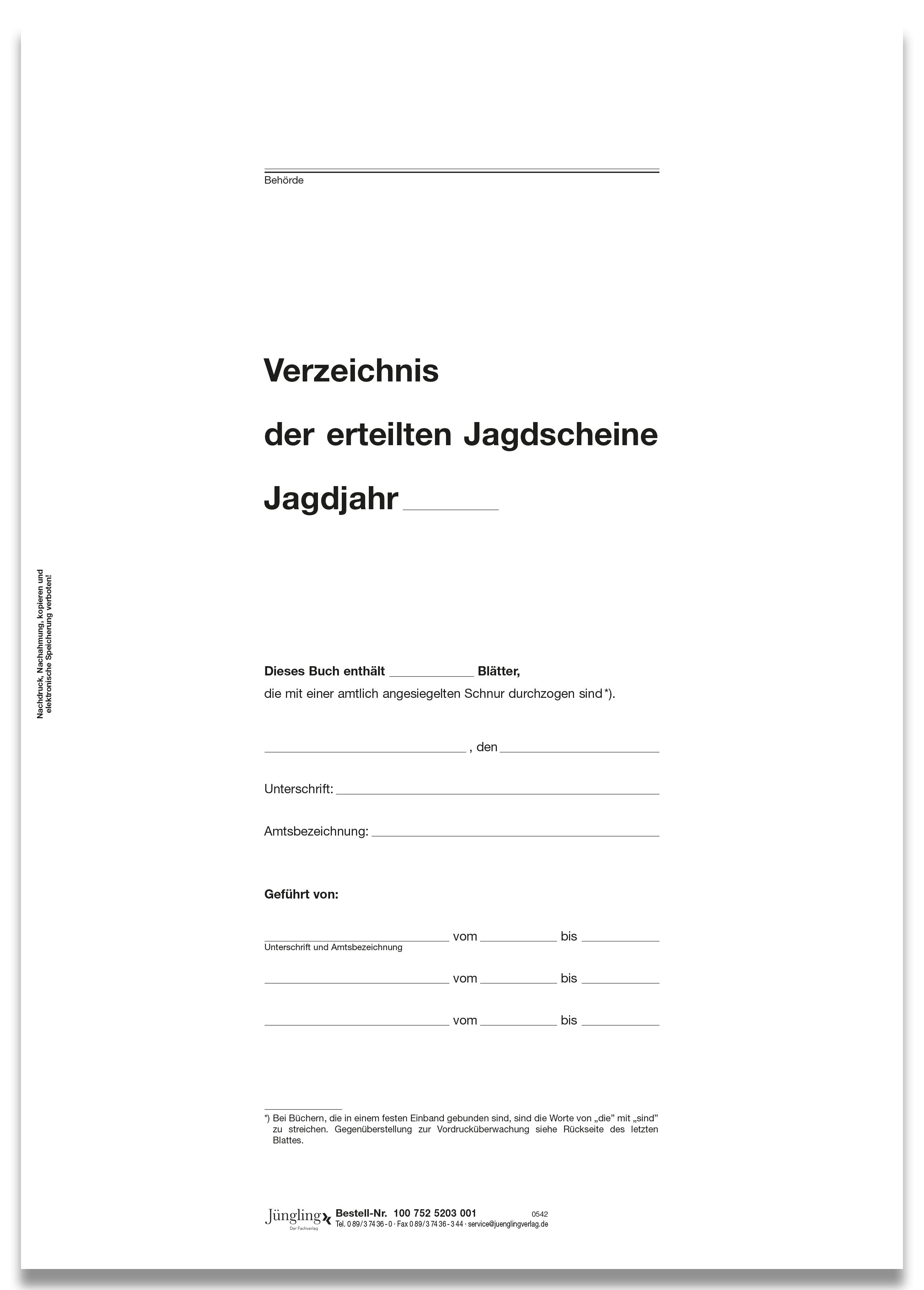 Verzeichnis der erteilten Jagdscheine - Titelbogen