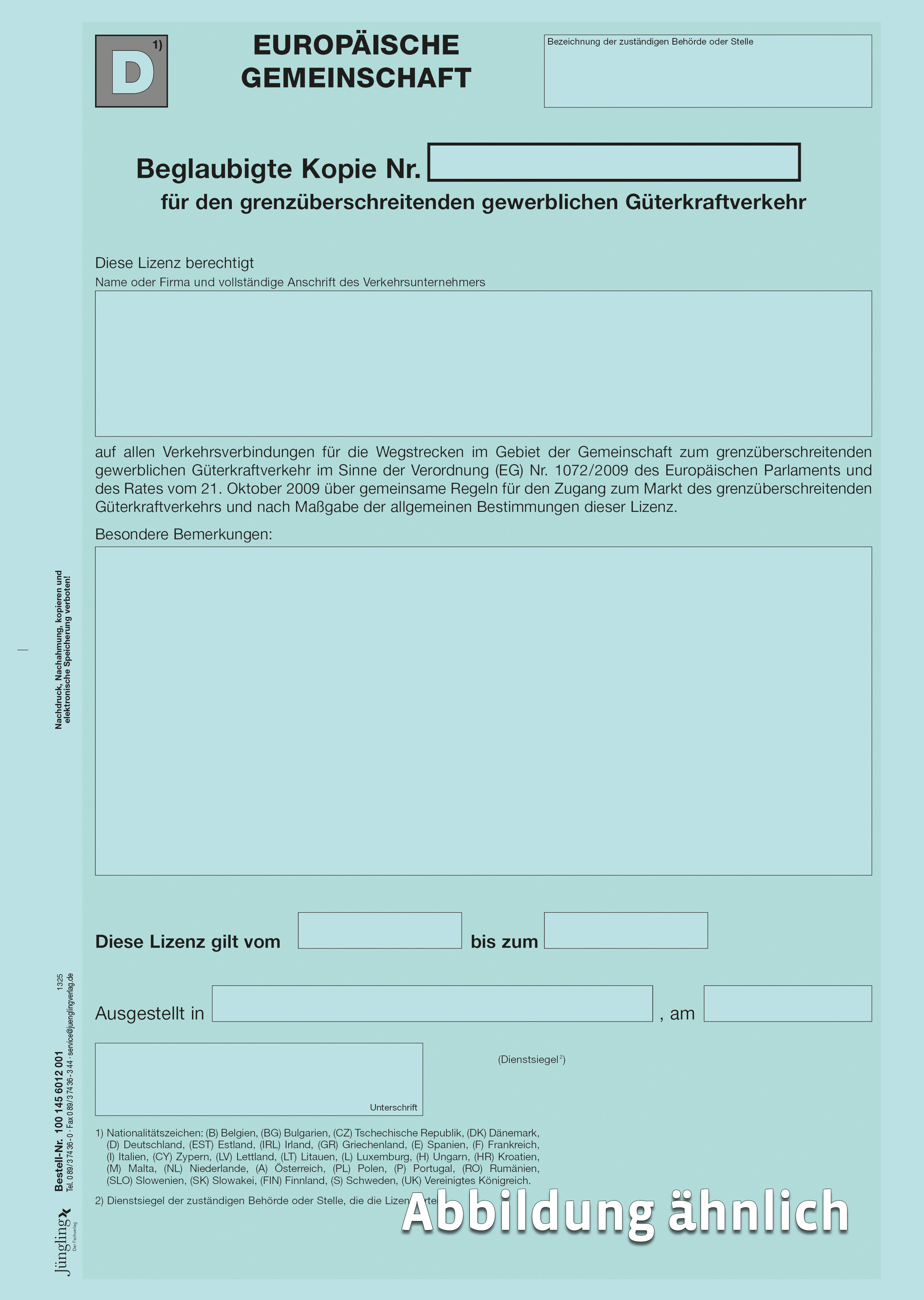 Beglaubigte Kopie der Gemeinschaftslizenz für den grenzüberschreitenden Güterkraftverkehr, Pantone hellblau 290c, A4, 2-seitig