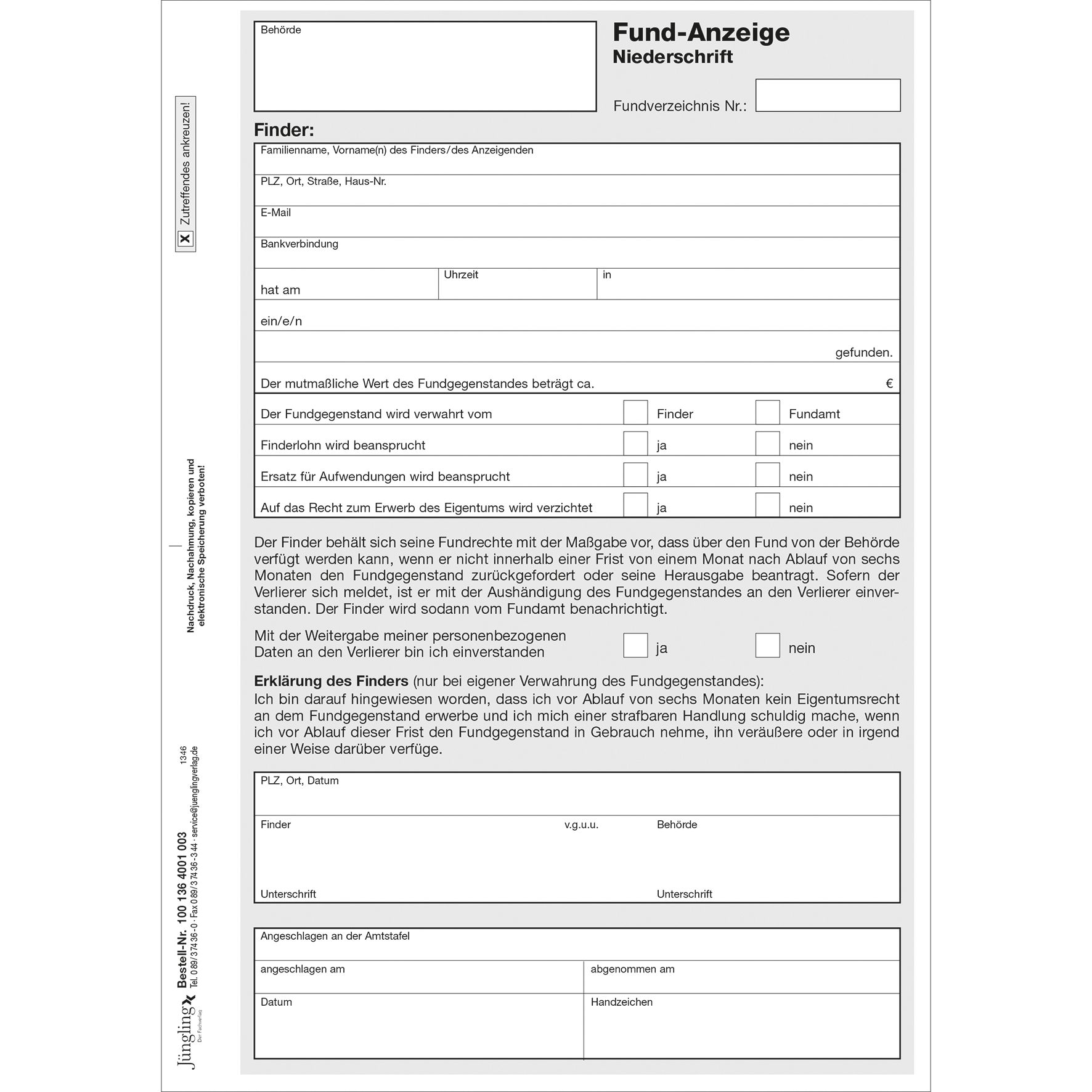 Fundanzeige mit Fundanhänger, A5, 3-fach SD