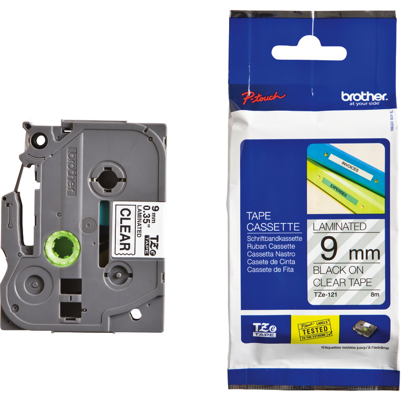 Brother TZE-121 Schriftbandkassette P-Touch, 9 mm, schwarz/transparent