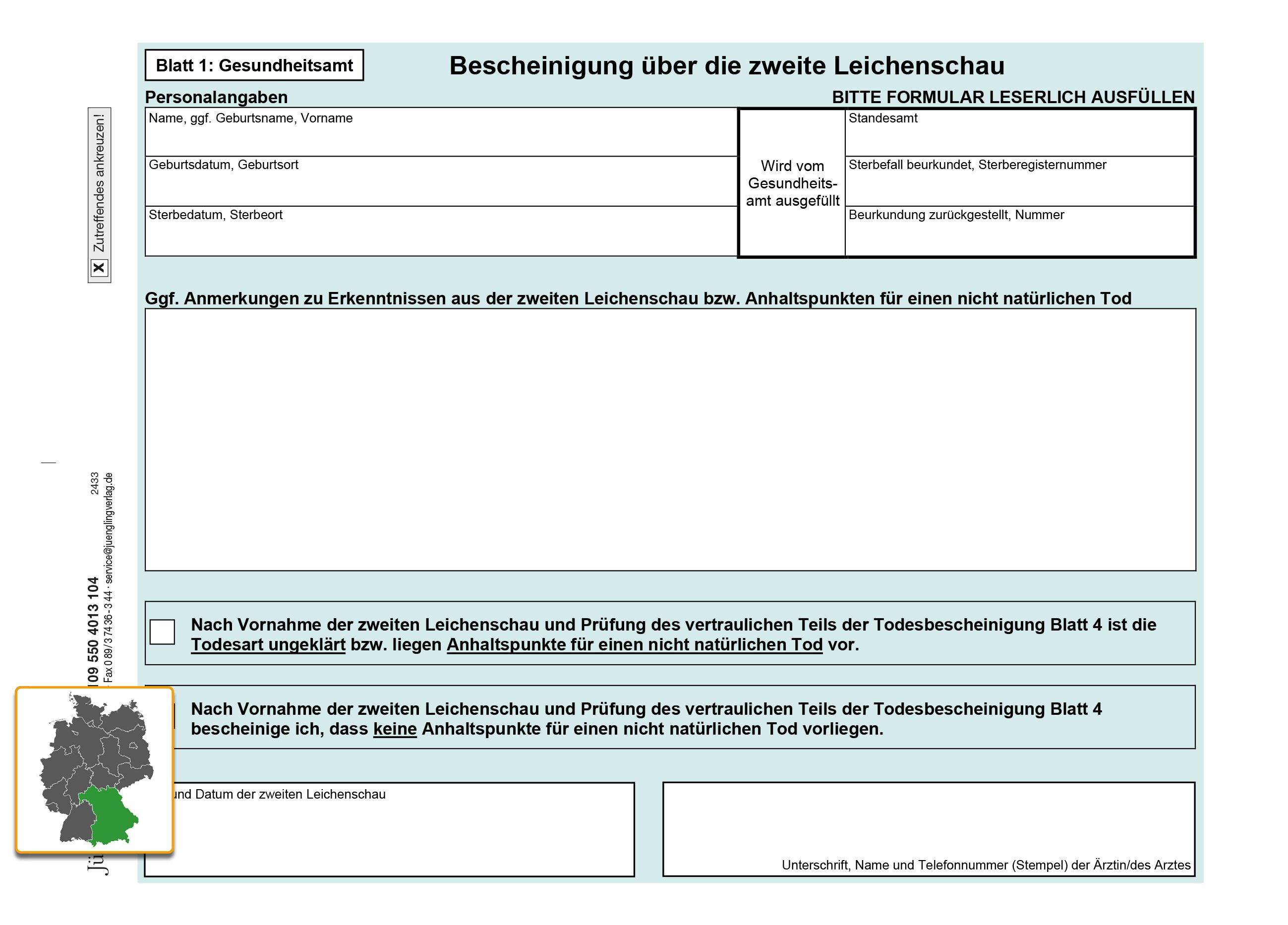 Bescheinigung zweite Leichenschau, Bayern, DIN A5, 4-fach