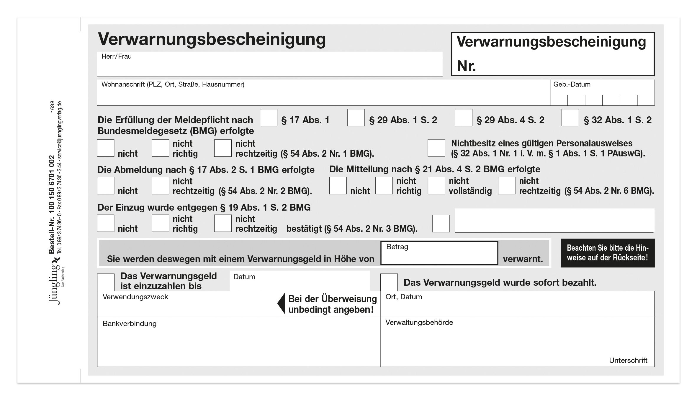 Verwarnungsbescheinigung, 2fach, 190 mm x 105 mm