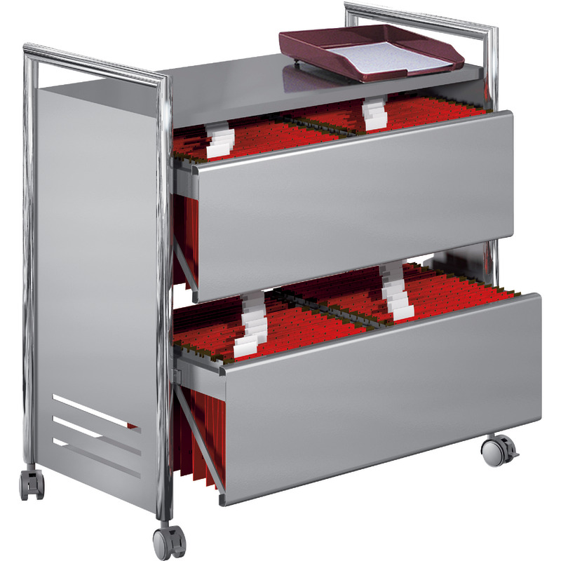 Hängeaktenwagen mit 2 zweibahnigen Hängeregistraturauszügen und 1 Ablageboden, verchromt/alusilber Hängeaktenwagen mit 2 zweibahnigen Hängeregistraturauszügen und 1 Ablageboden, verchromt/alusilber