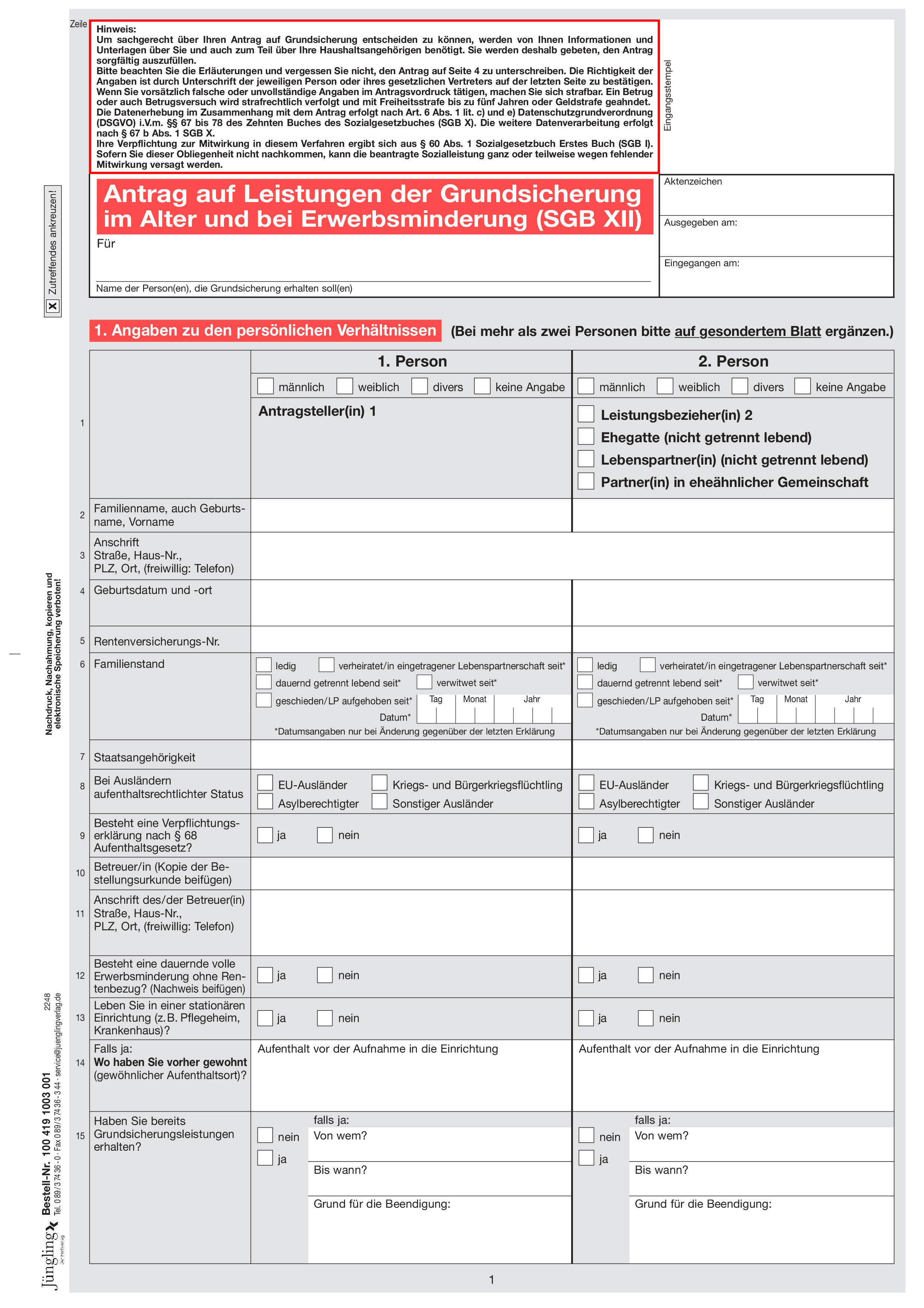 Antrag auf Grundsicherungsleistungen, A4 8-seitig