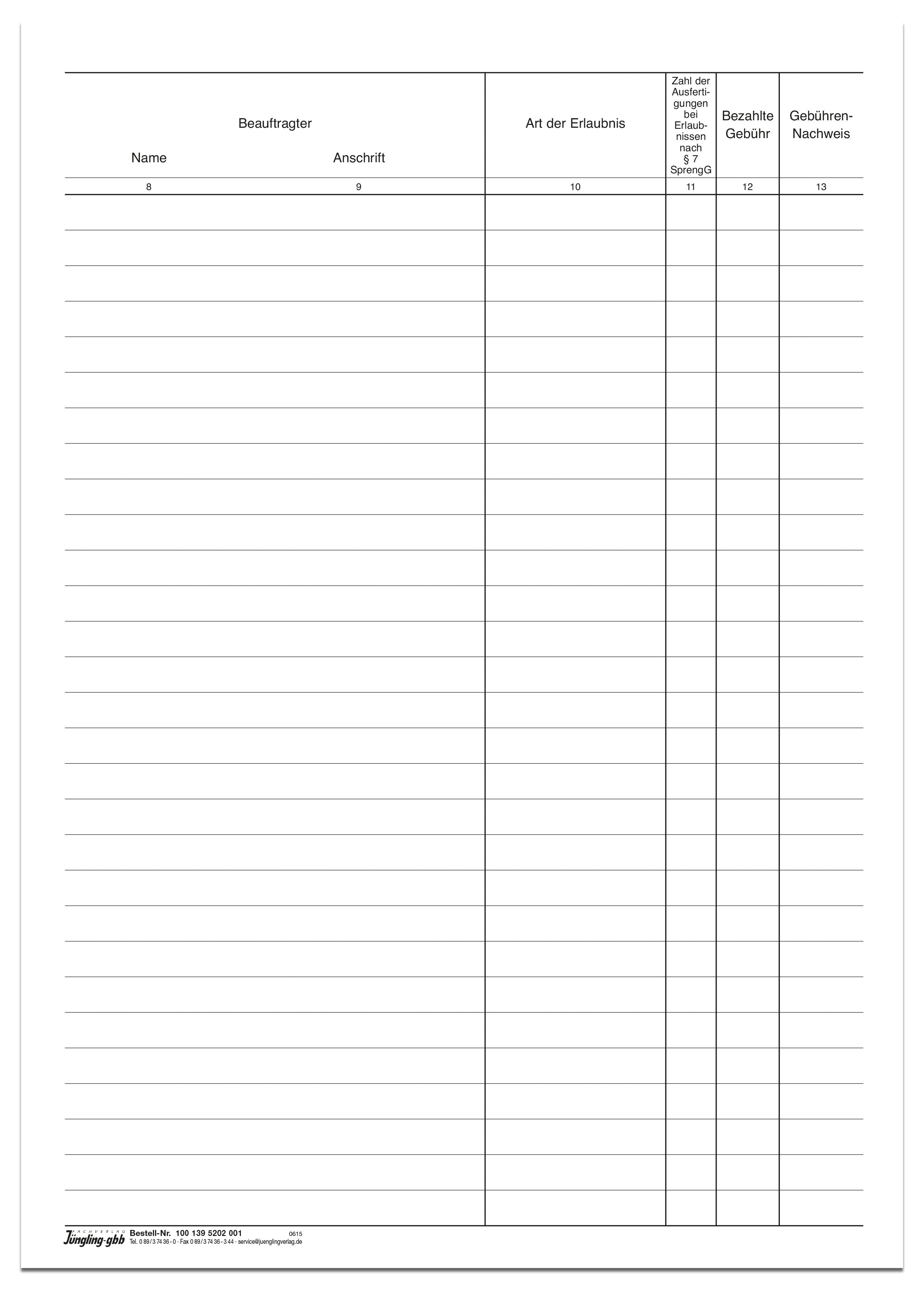 Sprengstoff-Verzeichnis Einlagebogen